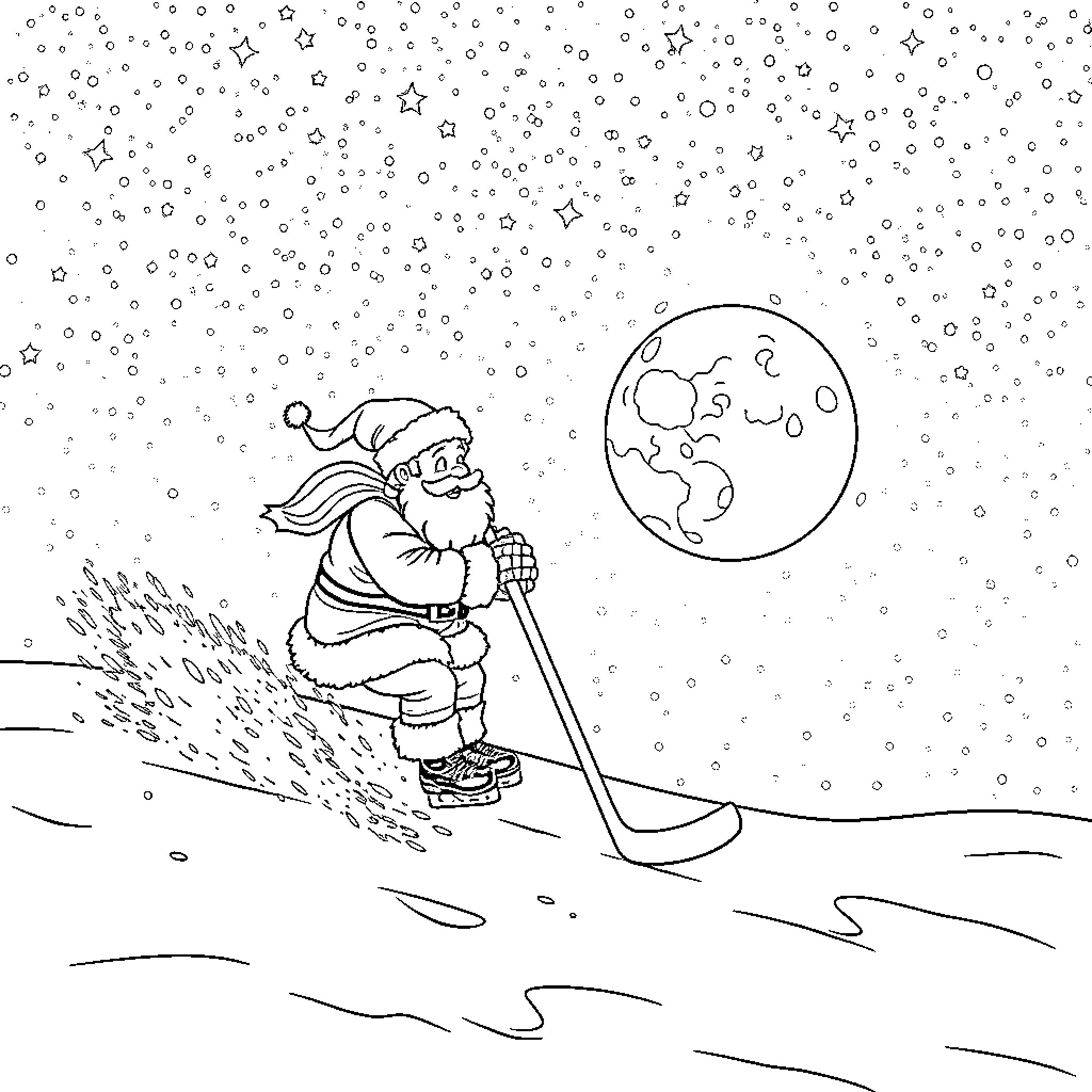 Santa skiing under the starry night sky Coloring Page (free black-and-white line drawing printable PDF for all, from beginners to advanced learners, including children, teens, adults, and seniors)
