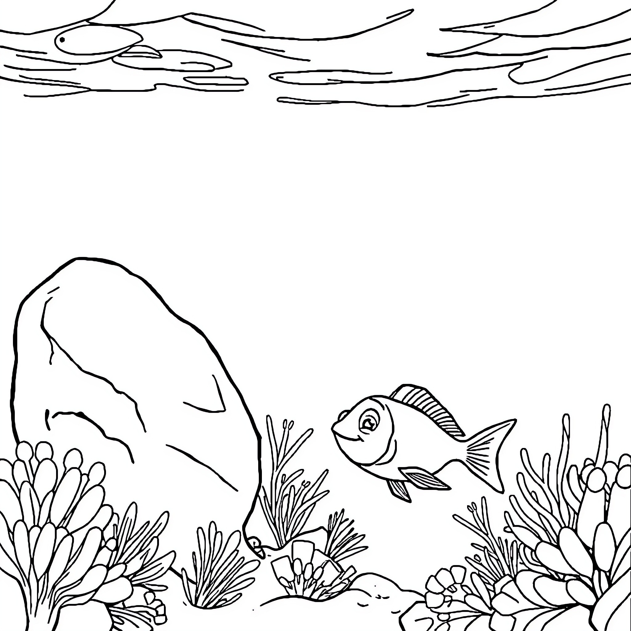 Fish swimming in an underwater scene Coloring Page (free black-and-white line drawing printable PDF for all, from beginners to advanced learners, including children, teens, adults, and seniors)