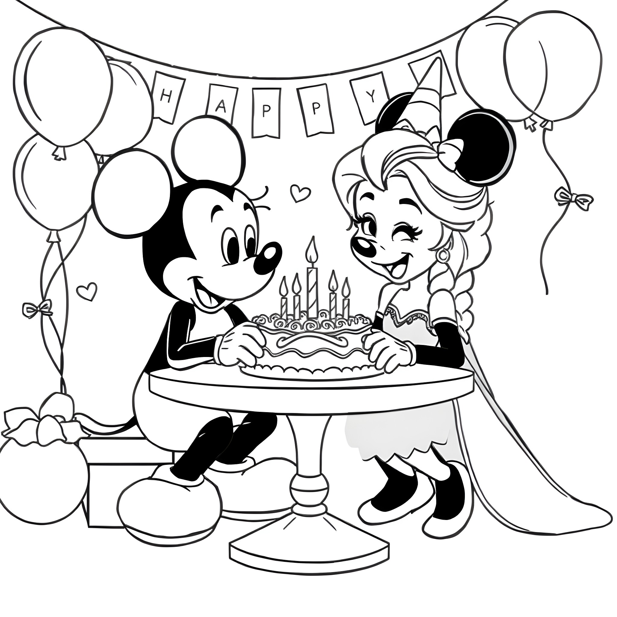 Elsa and Mickey's Joyful Birthday Celebration Coloring Page (free black-and-white line drawing printable PDF for all, from beginners to advanced learners, including children, teens, adults, and seniors)