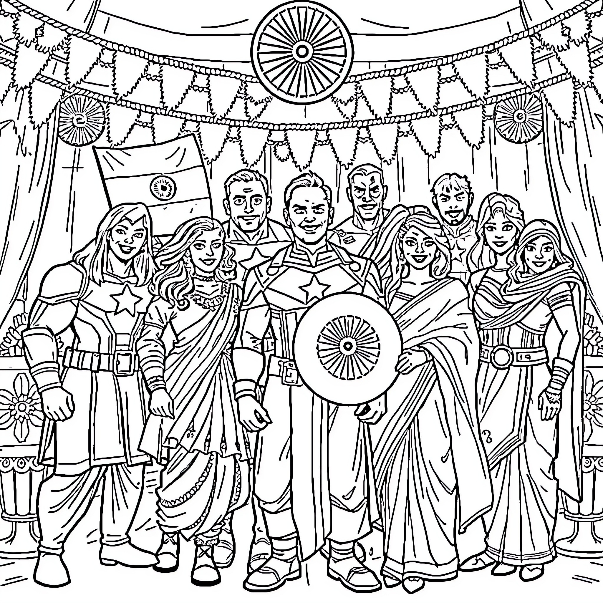 Avengers Celebrating in Ornate Festival Setting Coloring Page (free black-and-white line drawing printable PDF for all, from beginners to advanced learners, including children, teens, adults, and seniors)