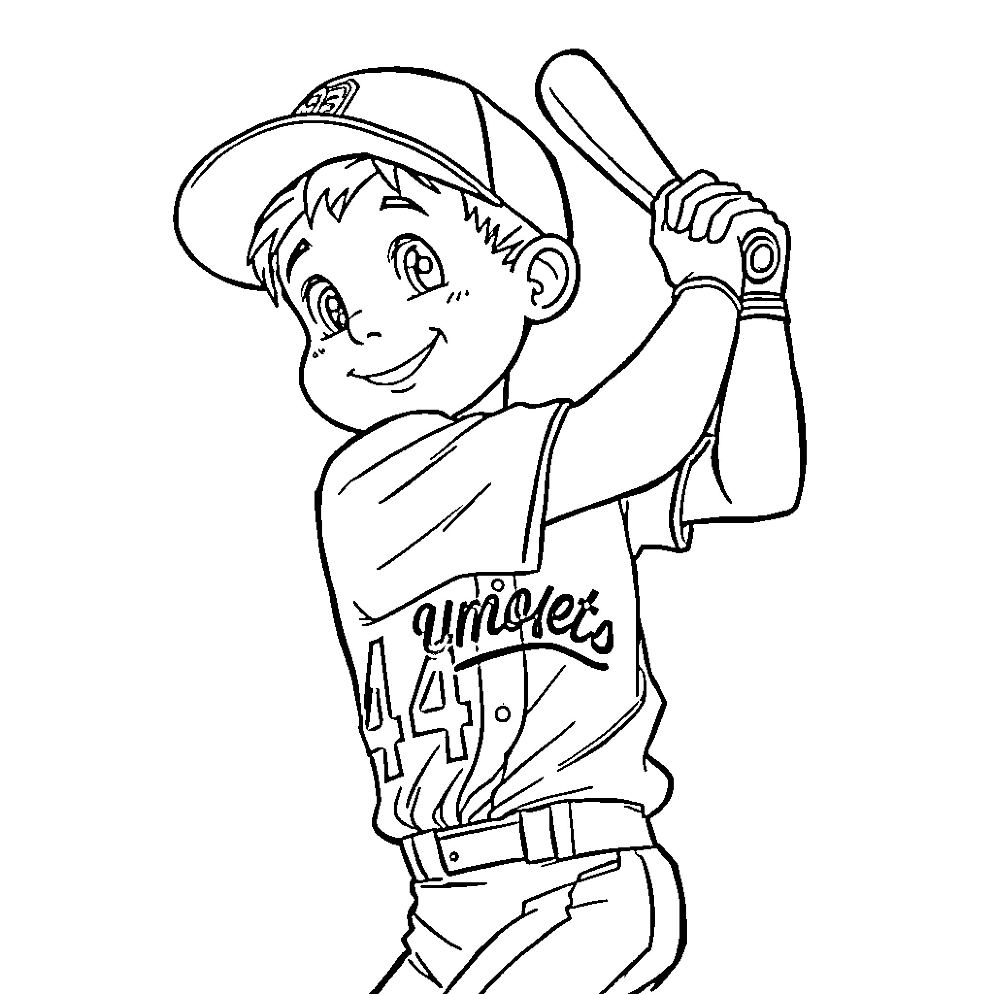 Boy playing baseball with enthusiasm Coloring Page (free black-and-white line drawing printable PDF for all, from beginners to advanced learners, including children, teens, adults, and seniors)