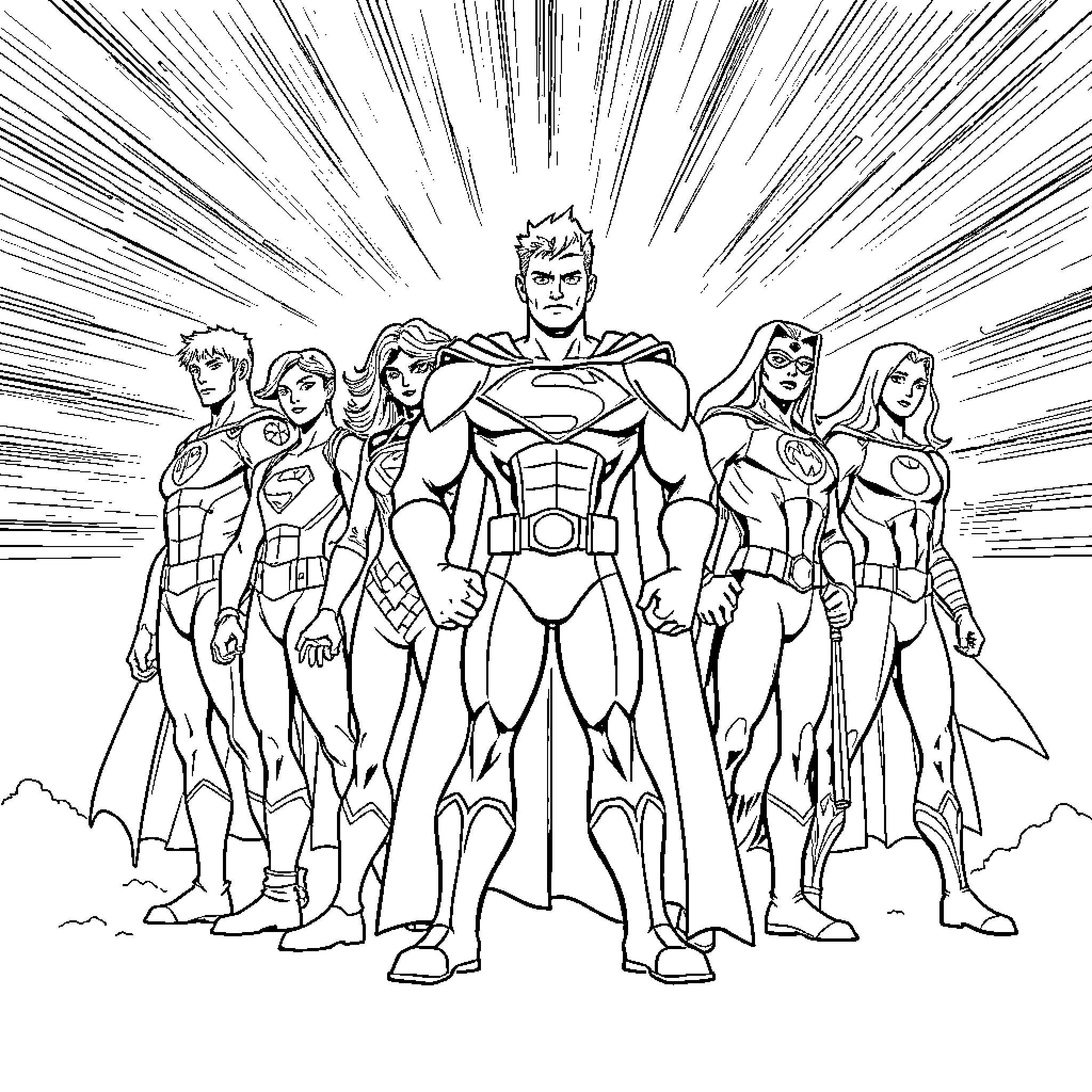 Heroes in Heroic Poses Assembled for Action Coloring Page (free black-and-white line drawing printable PDF for all, from beginners to advanced learners, including children, teens, adults, and seniors)