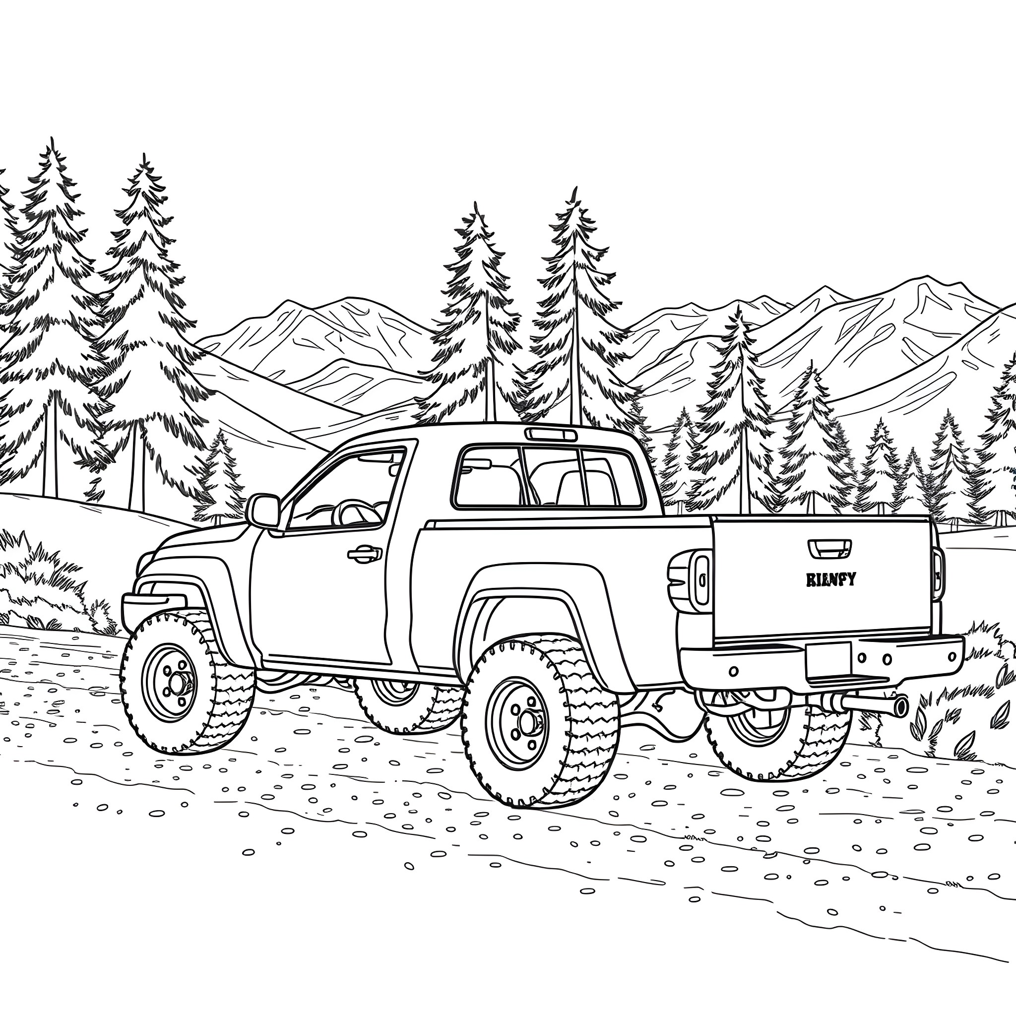 Pick Up Truck off-roading in mountains Coloring Page (free black-and-white line drawing printable PDF for all, from beginners to advanced learners, including children, teens, adults, and seniors)