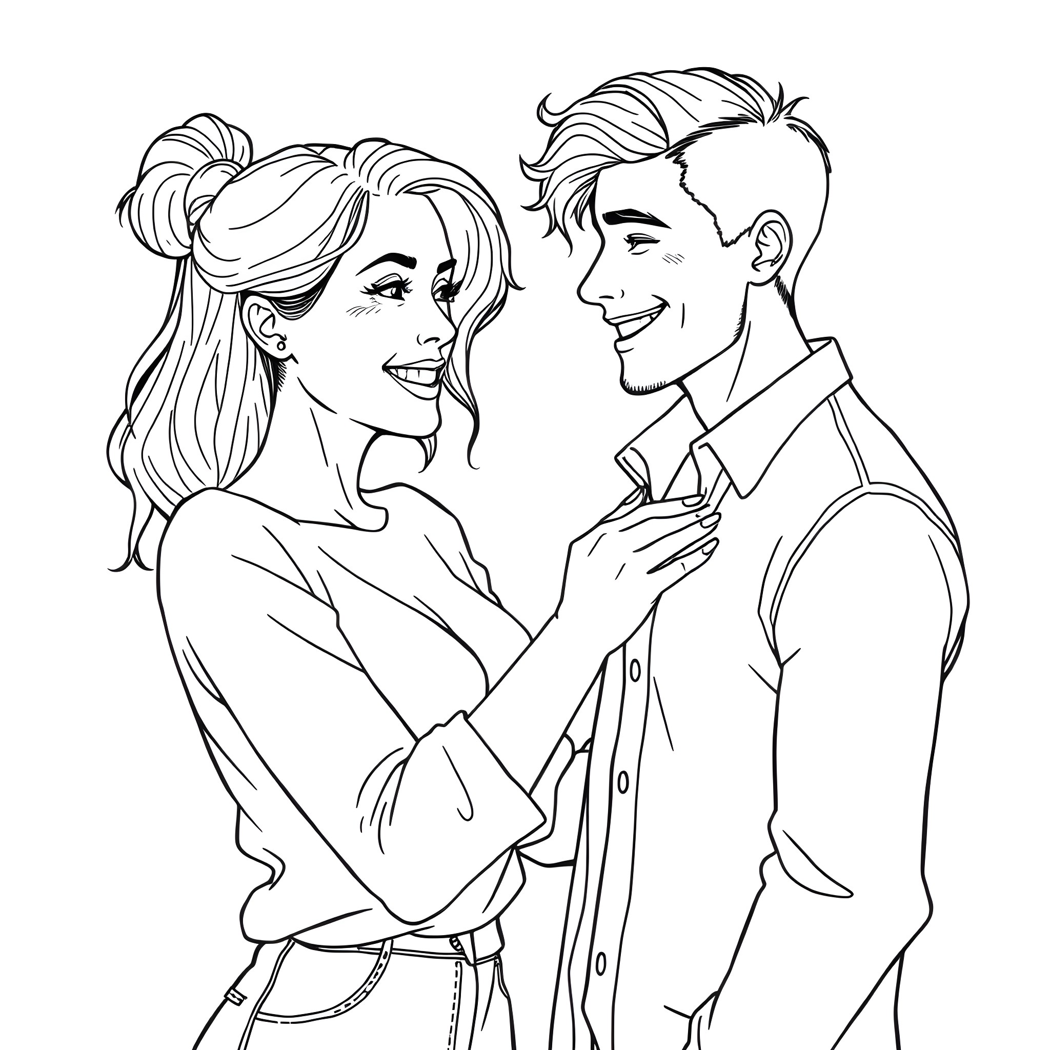 Woman and man sharing a romantic moment Coloring Page (free black-and-white line drawing printable PDF for all, from beginners to advanced learners, including children, teens, adults, and seniors)