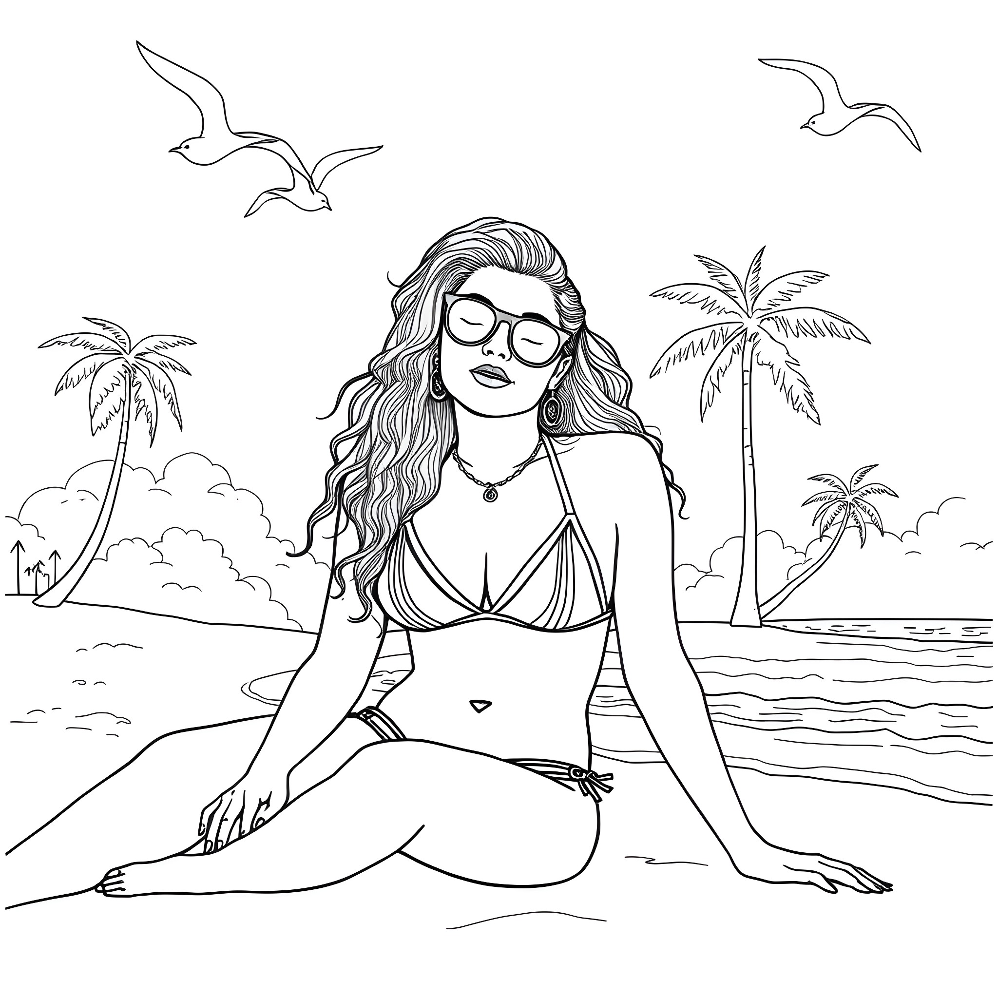 Post Malone enjoying a relaxing day at the beach Coloring Page (free black-and-white line drawing printable PDF for all, from beginners to advanced learners, including children, teens, adults, and seniors)