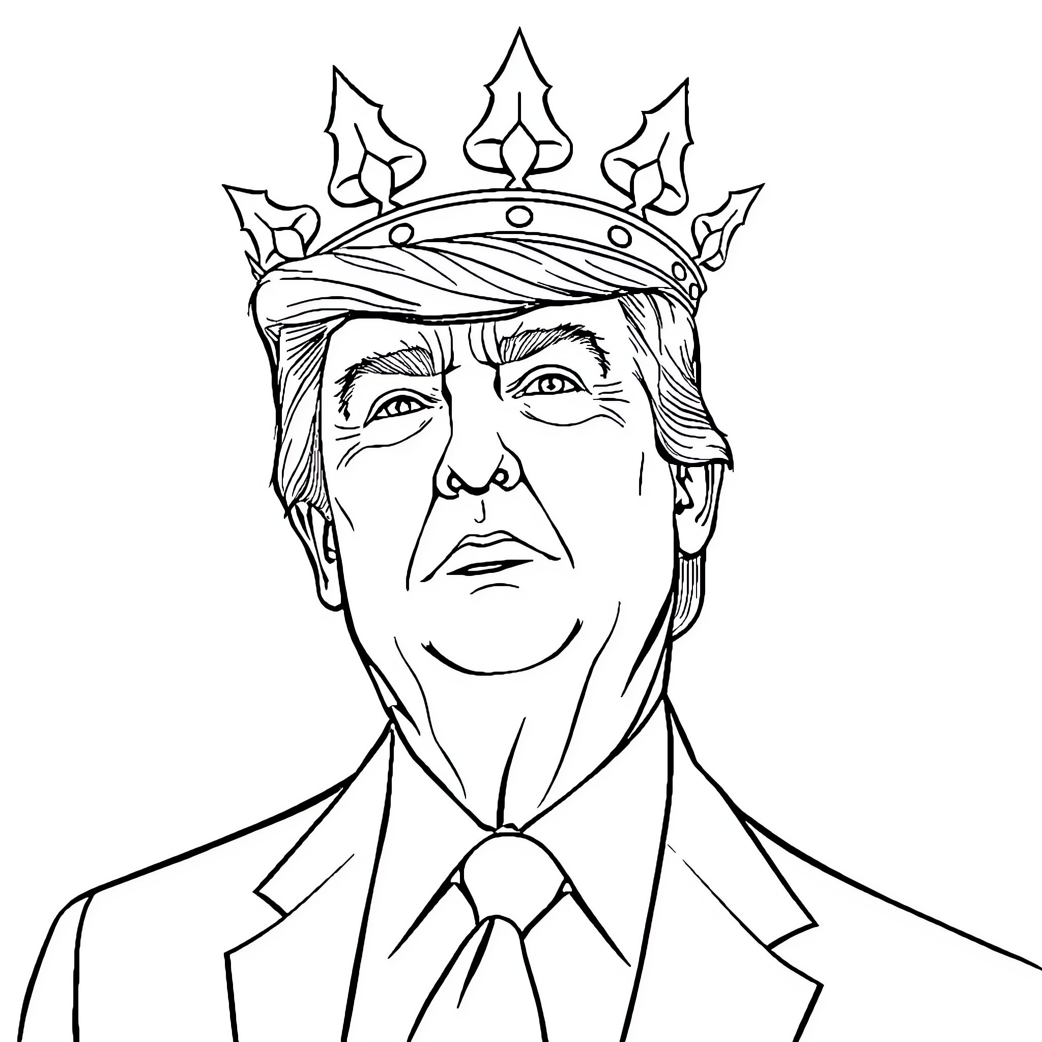 Donald Trump wearing a regal crown with flames Coloring Page (free black-and-white line drawing printable PDF for all, from beginners to advanced learners, including children, teens, adults, and seniors)