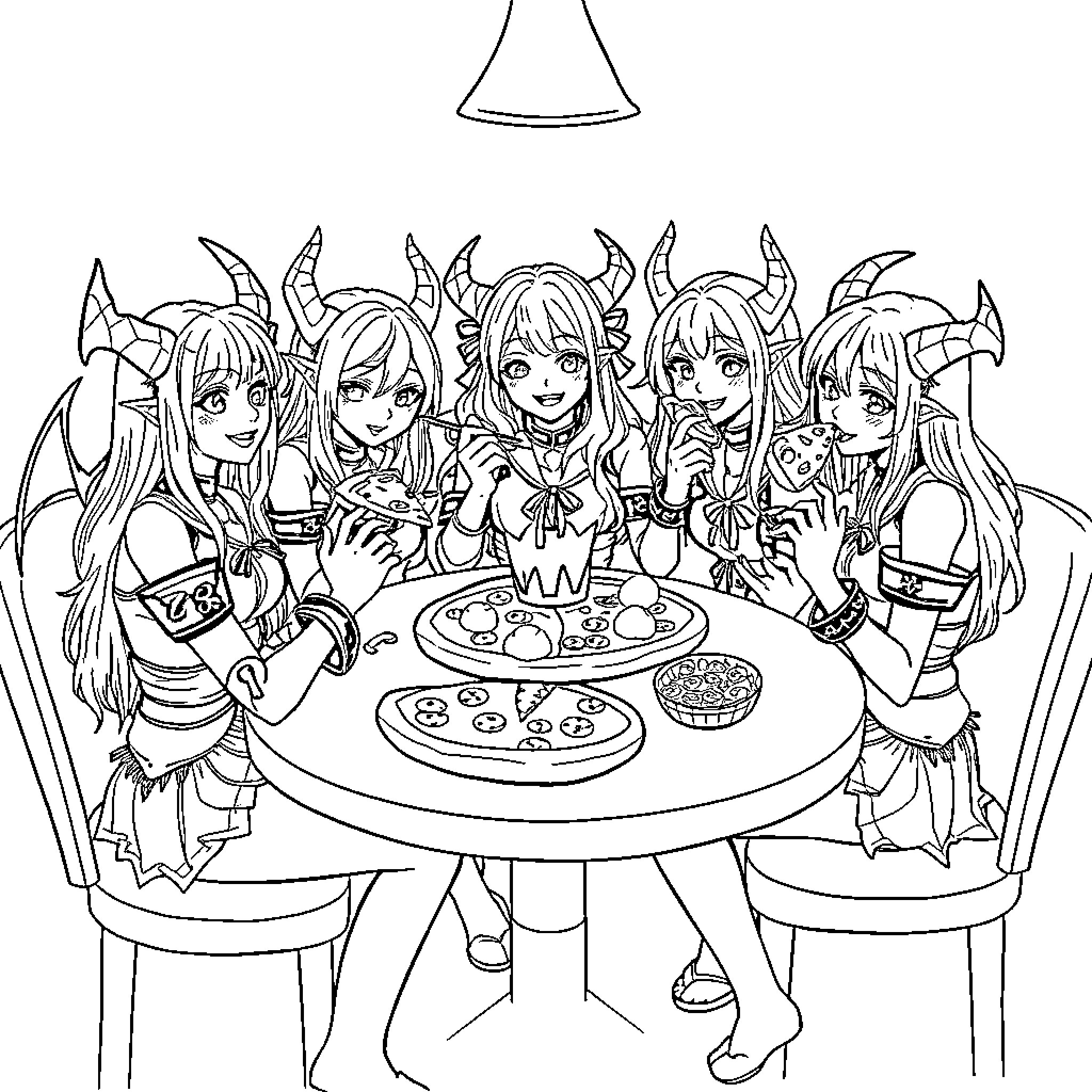 Demon Hunter Girls Enjoy Snacks Together Coloring Page (free black-and-white line drawing printable PDF for all, from beginners to advanced learners, including children, teens, adults, and seniors)