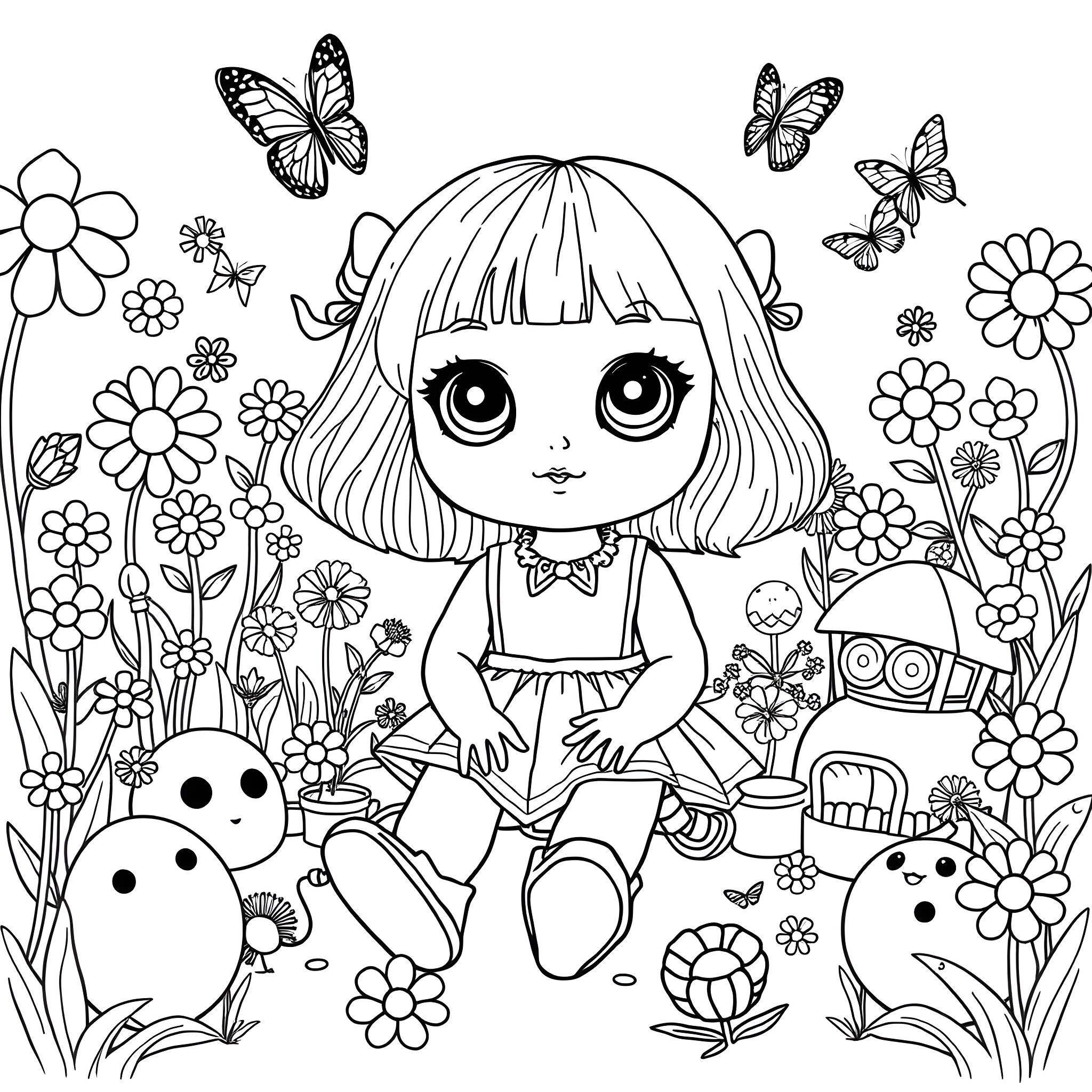 Doll sitting in a floral garden with butterflies Coloring Page (free black-and-white line drawing printable PDF for all, from beginners to advanced learners, including children, teens, adults, and seniors)