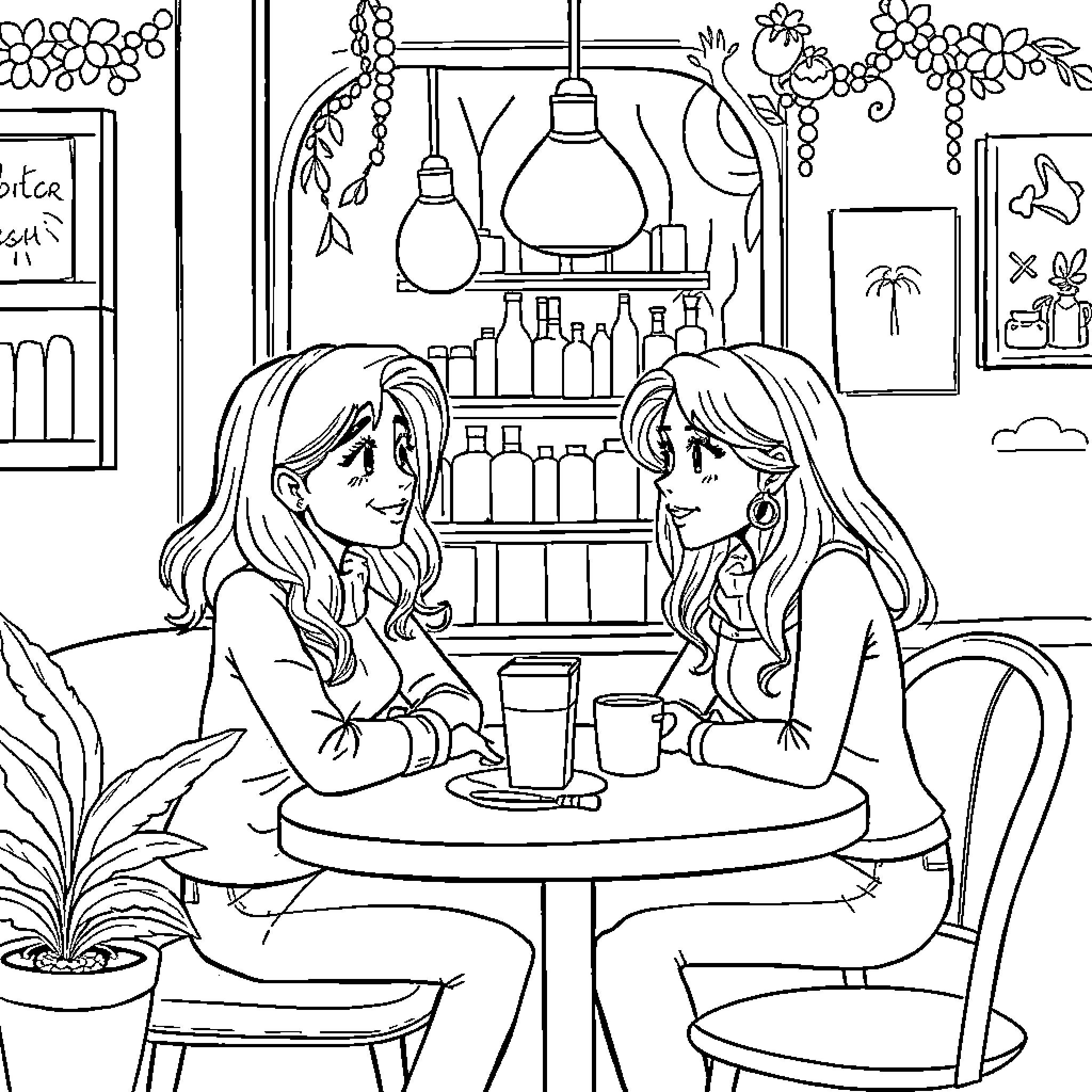 Gabby's Cozy Cafe Conversation Coloring Page (free black-and-white line drawing printable PDF for all, from beginners to advanced learners, including children, teens, adults, and seniors)