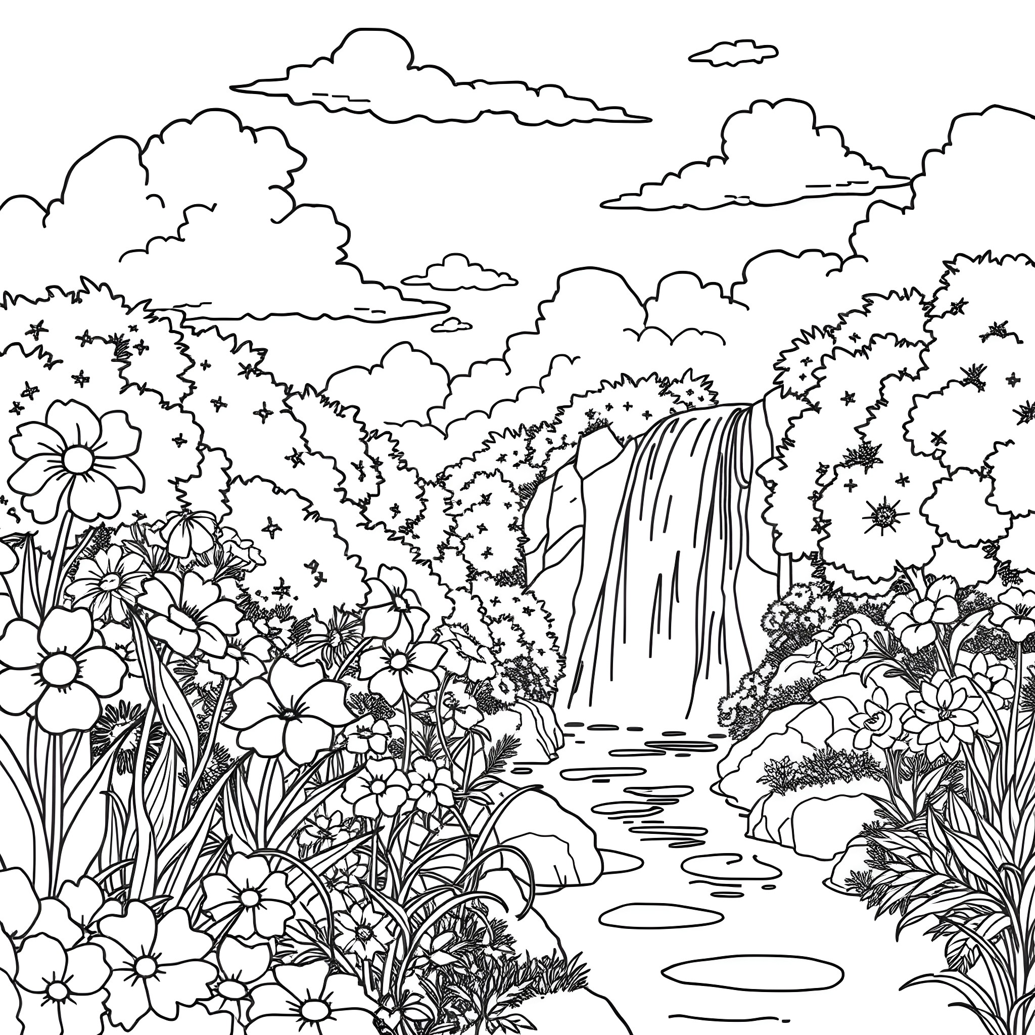 Garden scene with waterfall and flowers Coloring Page (free black-and-white line drawing printable PDF for all, from beginners to advanced learners, including children, teens, adults, and seniors)