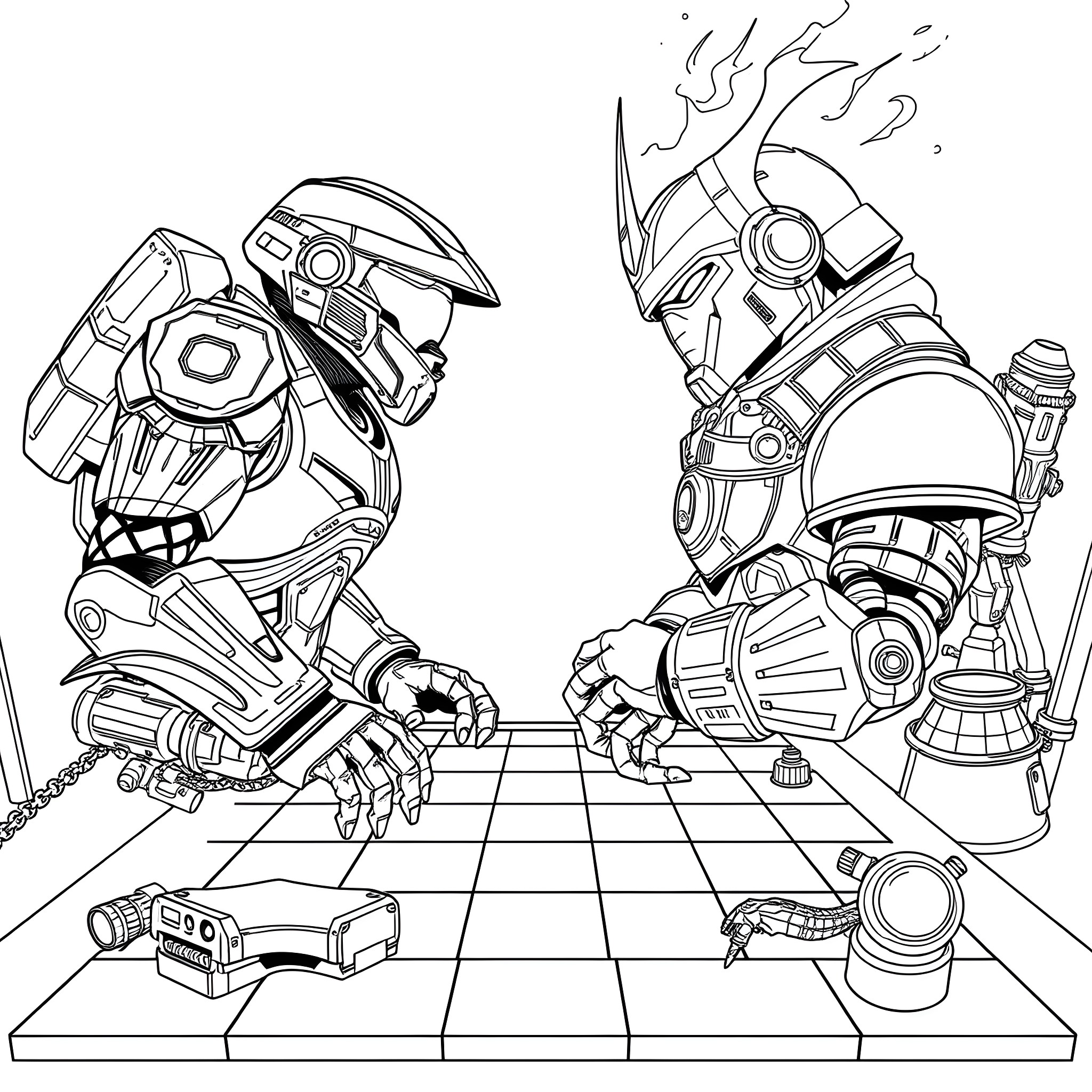 Master Chief Commanding Robotic Forces in Futuristic Battle Coloring Page (free black-and-white line drawing printable PDF for all, from beginners to advanced learners, including children, teens, adults, and seniors)