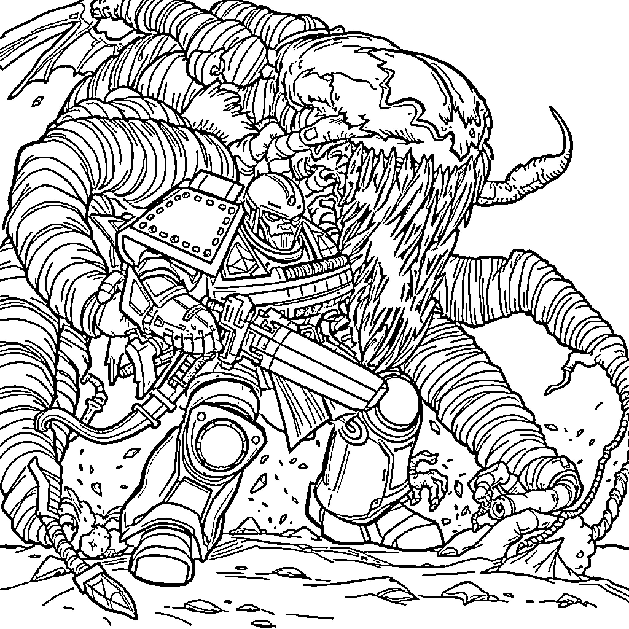 Space Marine Battling Monstrous Alien Foe Coloring Page (free black-and-white line drawing printable PDF for all, from beginners to advanced learners, including children, teens, adults, and seniors)