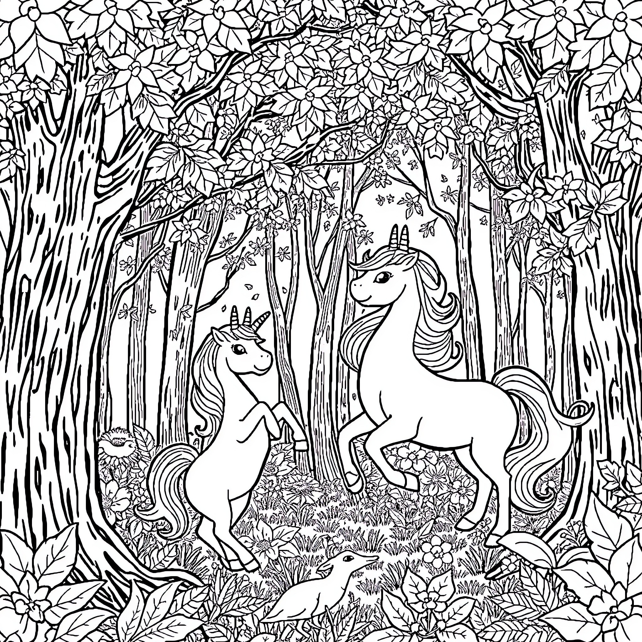 Licorne: Unicorns in enchanted forest Coloring Page (free black-and-white line drawing printable PDF for all, from beginners to advanced learners, including children, teens, adults, and seniors)