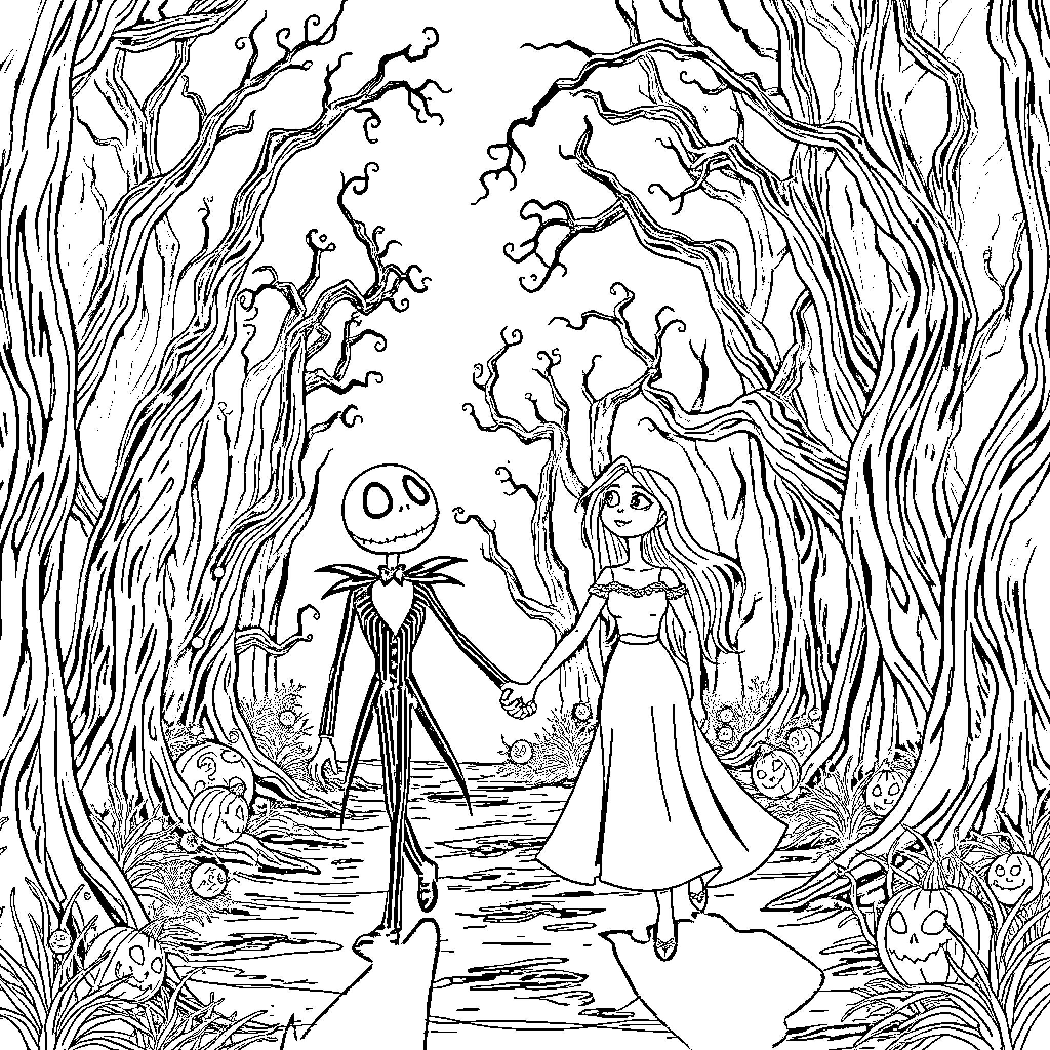 Jack Skellington and Sally walking through the enchanted forest Coloring Page (free black-and-white line drawing printable PDF for all, from beginners to advanced learners, including children, teens, adults, and seniors)