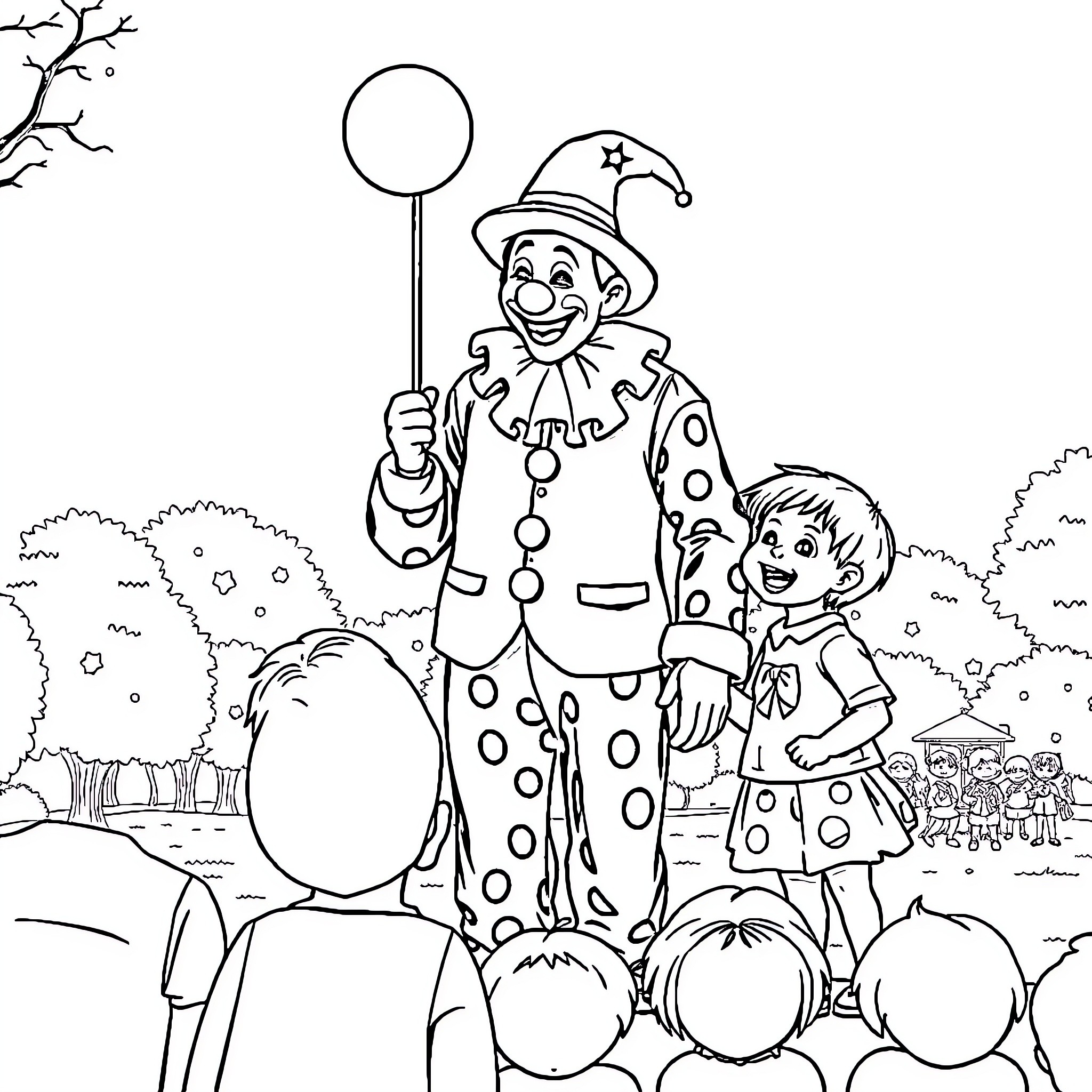 Clown Entertaining Children in the Park Coloring Page (free black-and-white line drawing printable PDF for all, from beginners to advanced learners, including children, teens, adults, and seniors)