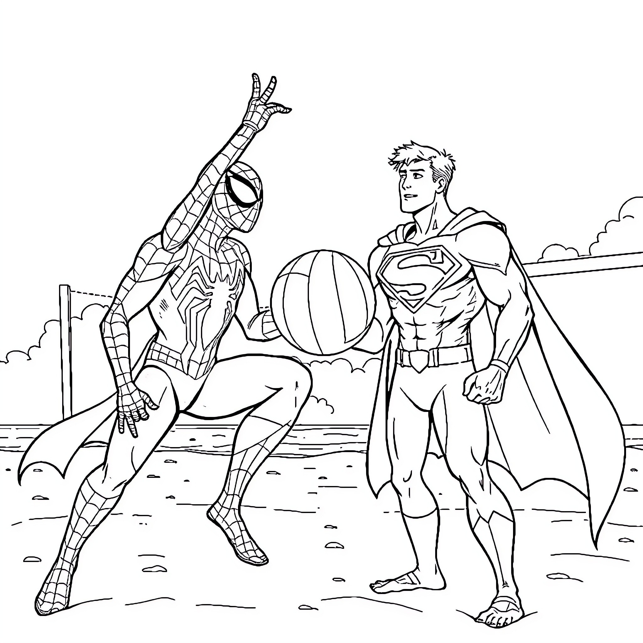 Spider-Man and Superman team up for heroic adventure Coloring Page (free black-and-white line drawing printable PDF for all, from beginners to advanced learners, including children, teens, adults, and seniors)
