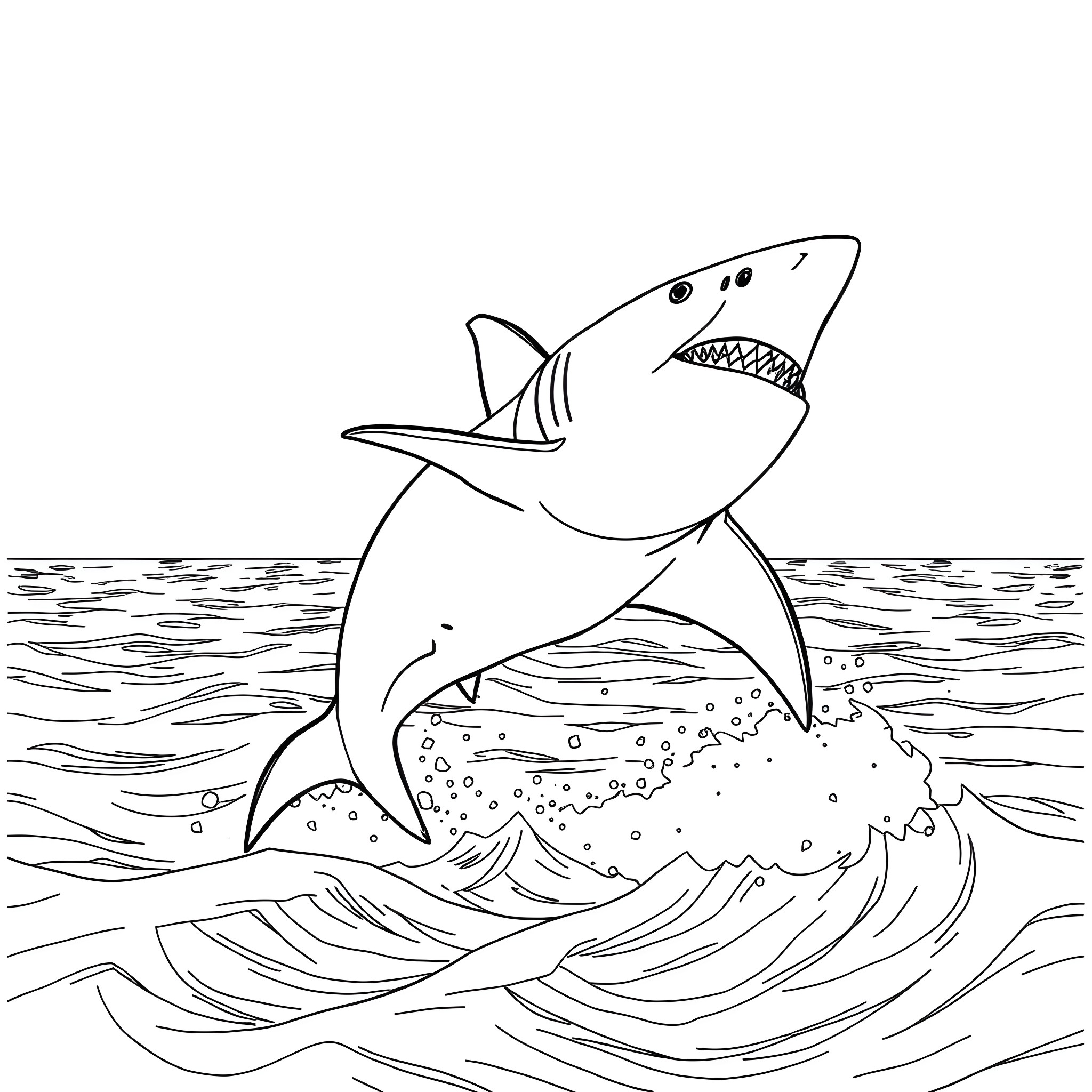 Shark swimming enthusiastically in the ocean Coloring Page (free black-and-white line drawing printable PDF for all, from beginners to advanced learners, including children, teens, adults, and seniors)