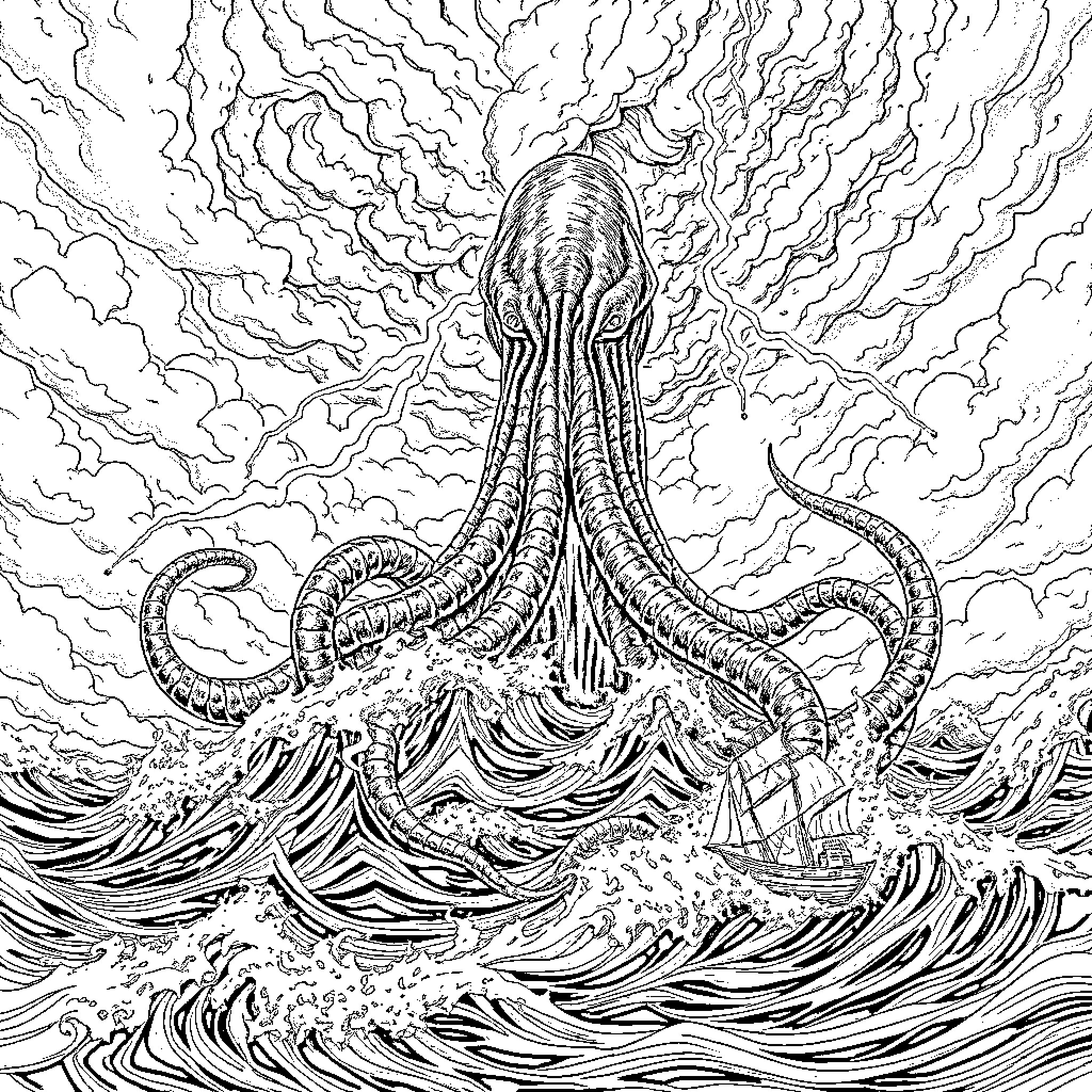 Cthulhu Emerges from the Depths Coloring Page (free black-and-white line drawing printable PDF for all, from beginners to advanced learners, including children, teens, adults, and seniors)