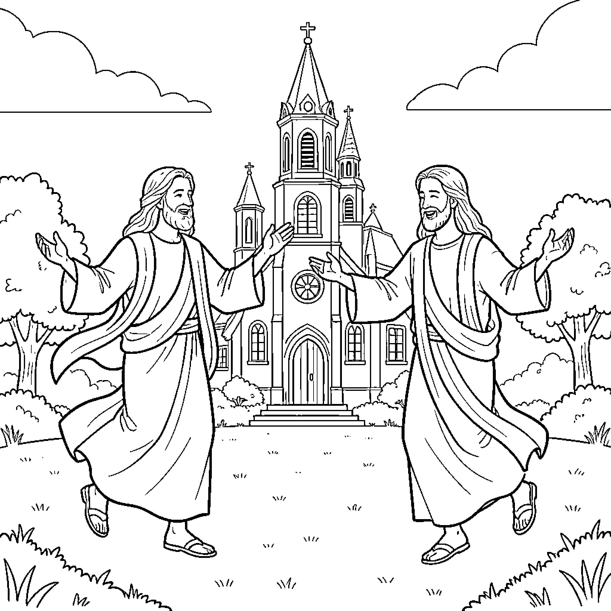 Dios Jesus and Savior walking together near church Coloring Page (free black-and-white line drawing printable PDF for all, from beginners to advanced learners, including children, teens, adults, and seniors)