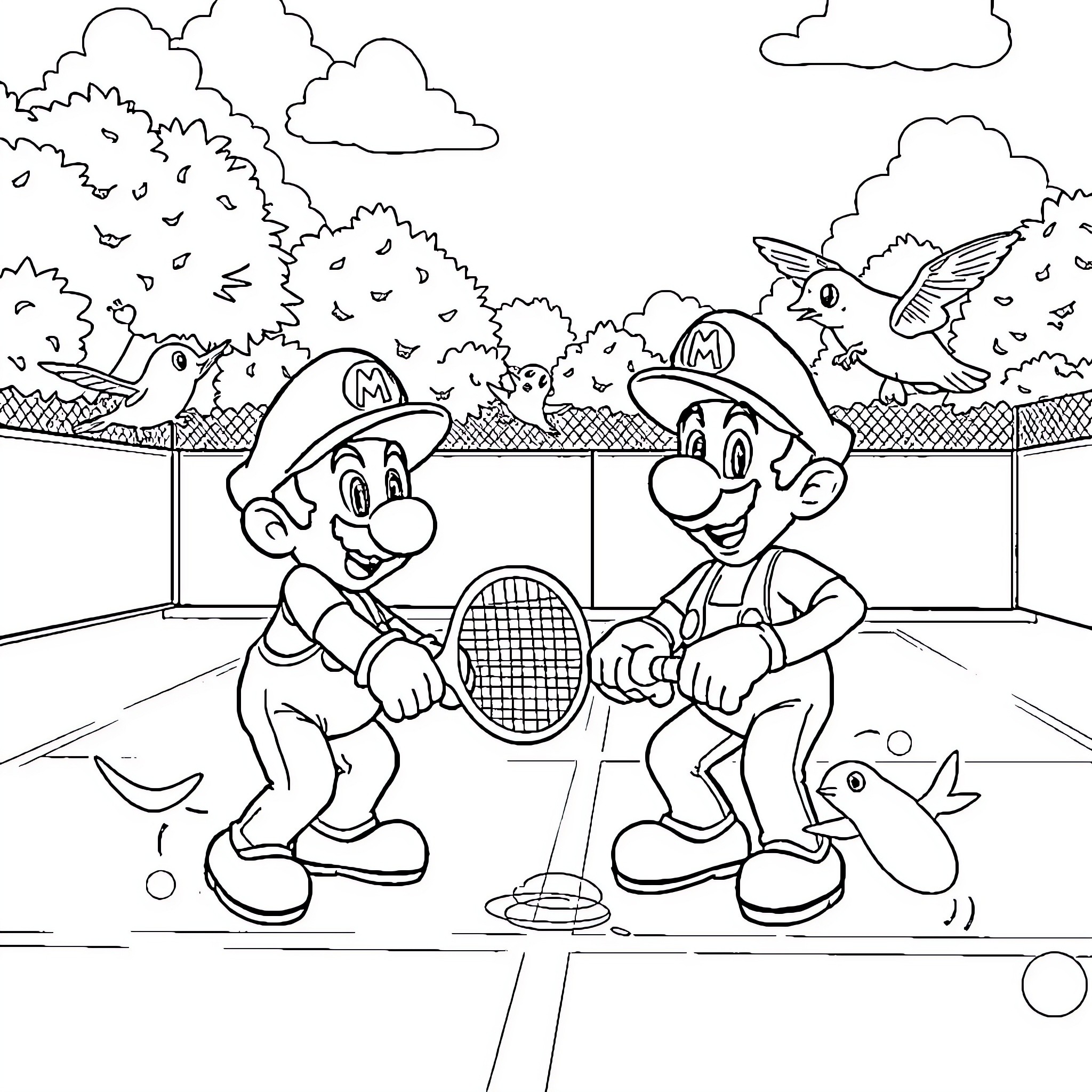 Mario and Luigi playing tennis on the court Coloring Page (free black-and-white line drawing printable PDF for all, from beginners to advanced learners, including children, teens, adults, and seniors)