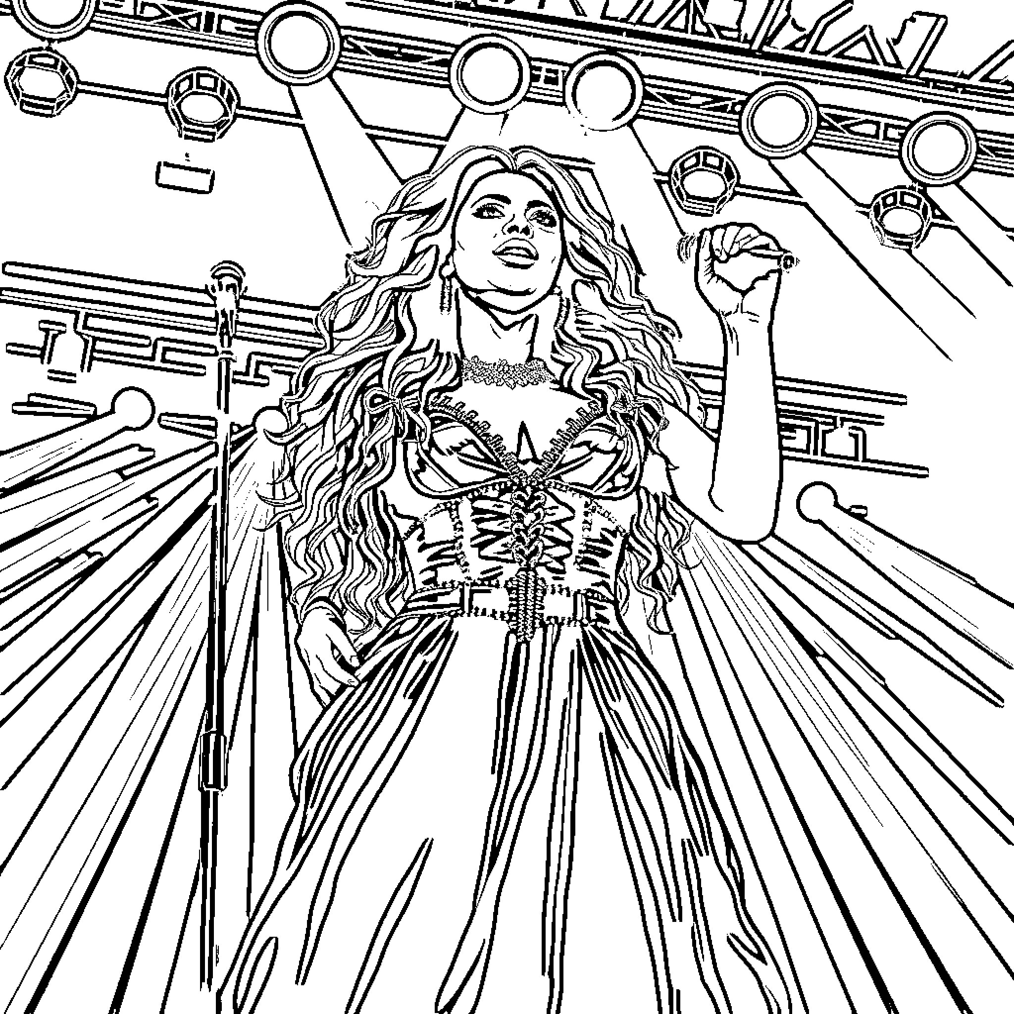 Beyonce in Dramatic Pose on Stage Coloring Page (free black-and-white line drawing printable PDF for all, from beginners to advanced learners, including children, teens, adults, and seniors)