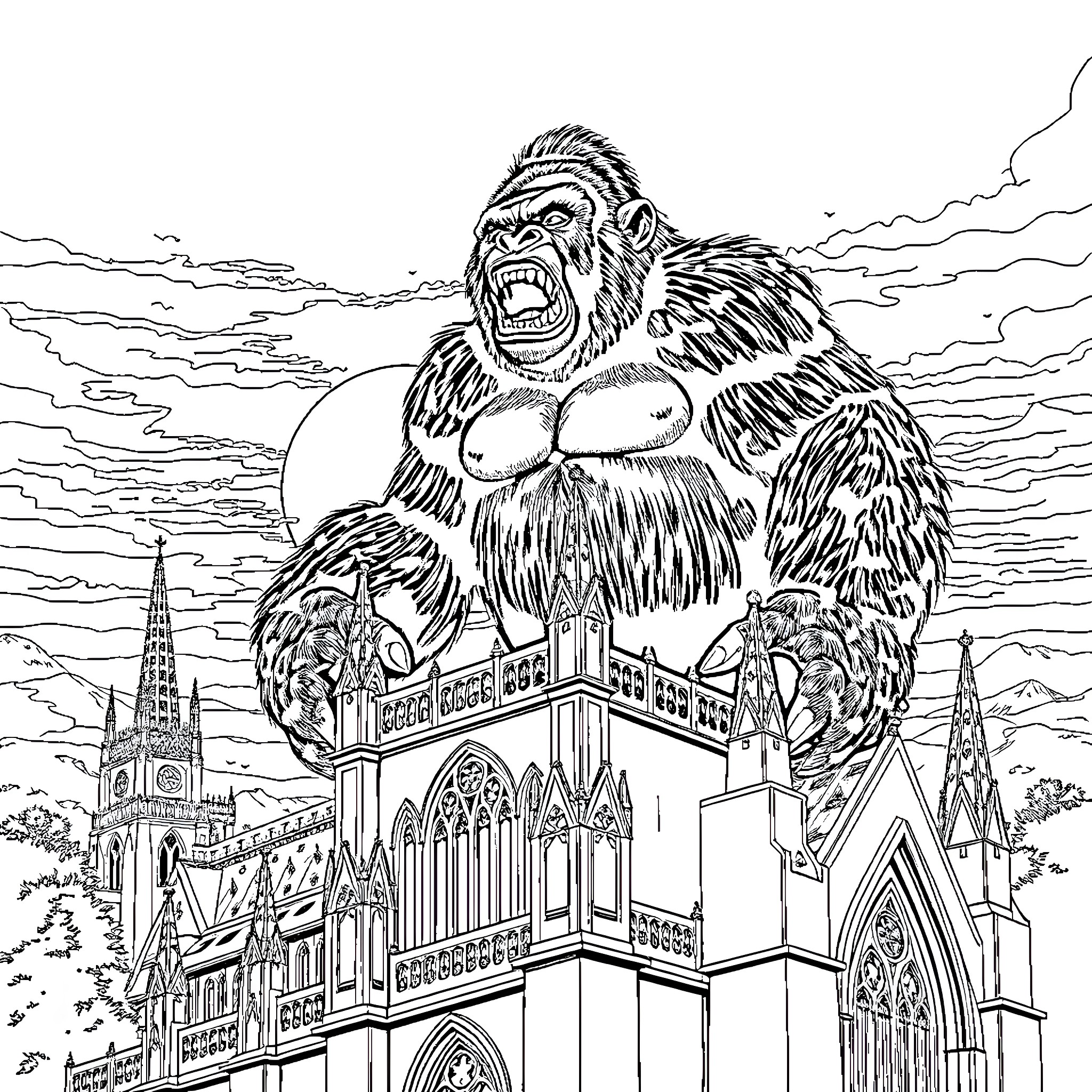 King Kong towering over a Gothic cathedral Coloring Page (free black-and-white line drawing printable PDF for all, from beginners to advanced learners, including children, teens, adults, and seniors)