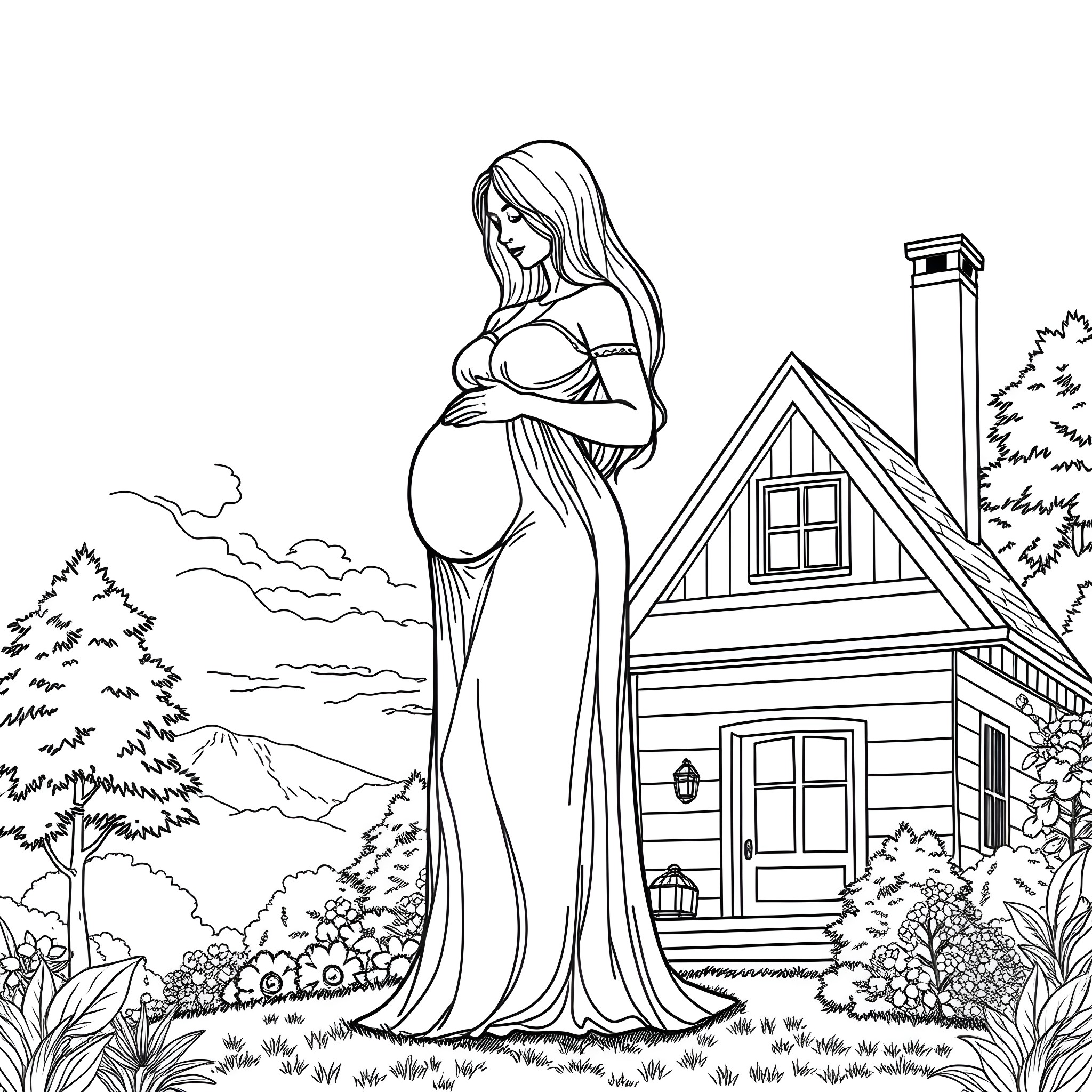 Woman enjoying tranquil countryside in pregnancy Coloring Page (free black-and-white line drawing printable PDF for all, from beginners to advanced learners, including children, teens, adults, and seniors)