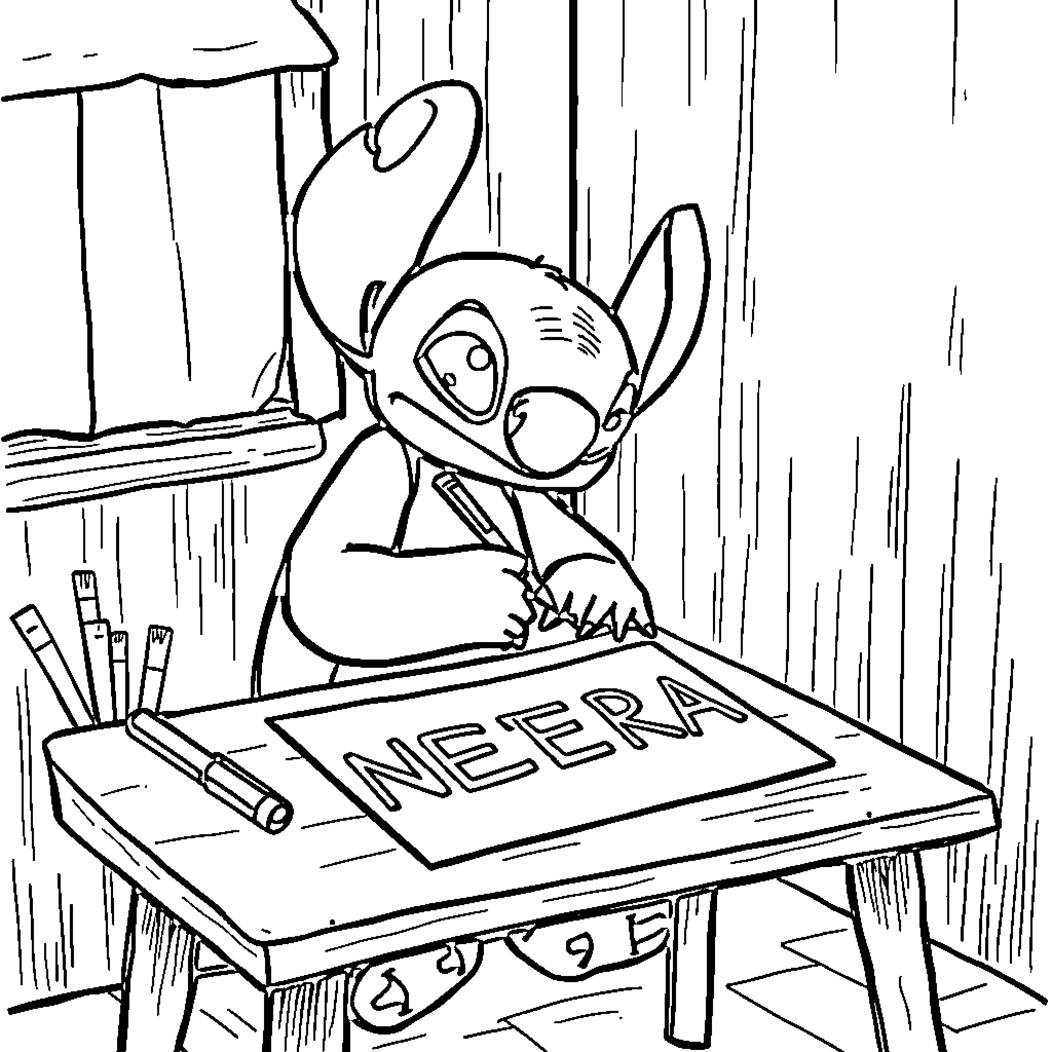 Stitch writing on desk Coloring Page (free black-and-white line drawing printable PDF for all, from beginners to advanced learners, including children, teens, adults, and seniors)