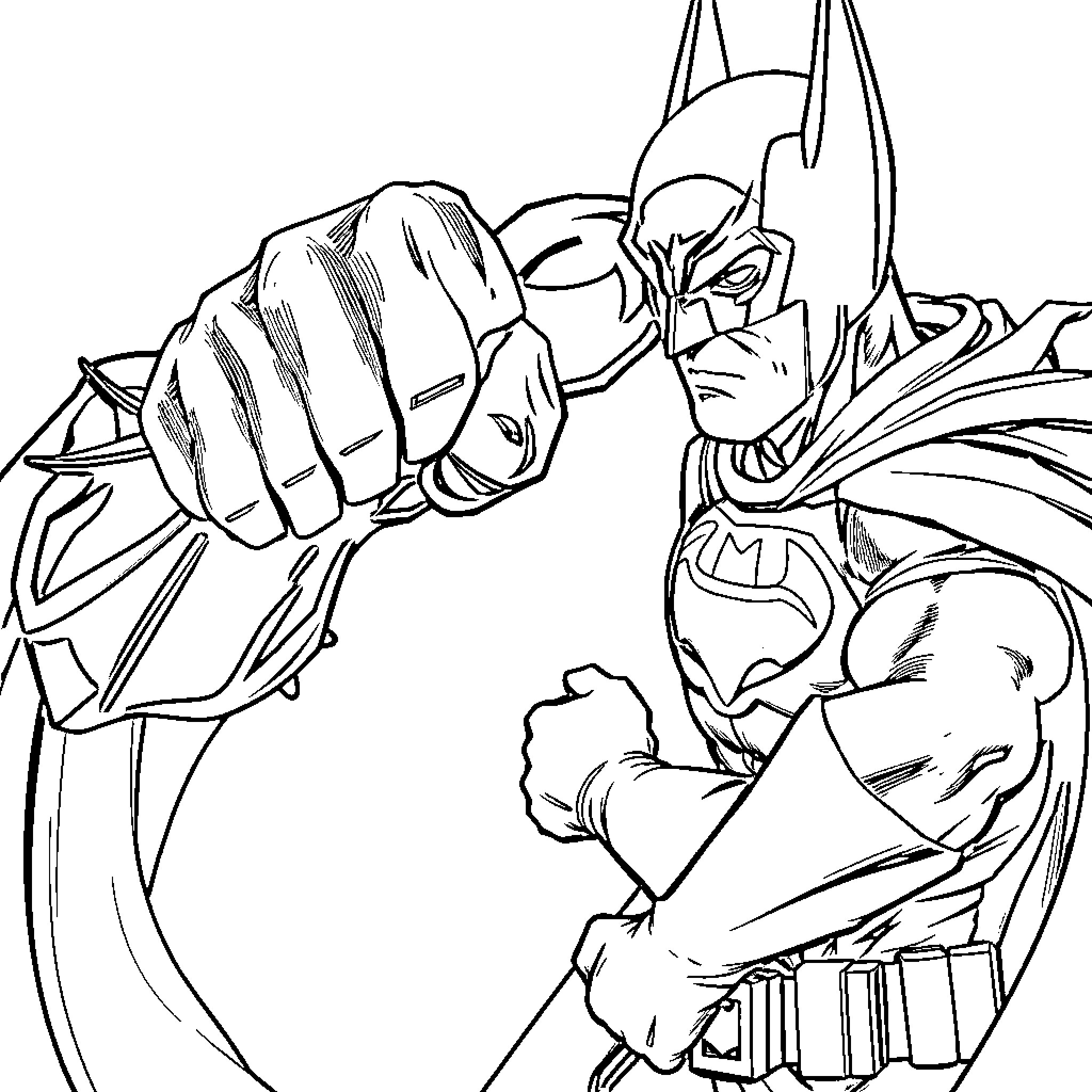 Batman Confronting a Villain in Action Coloring Page (free black-and-white line drawing printable PDF for all, from beginners to advanced learners, including children, teens, adults, and seniors)