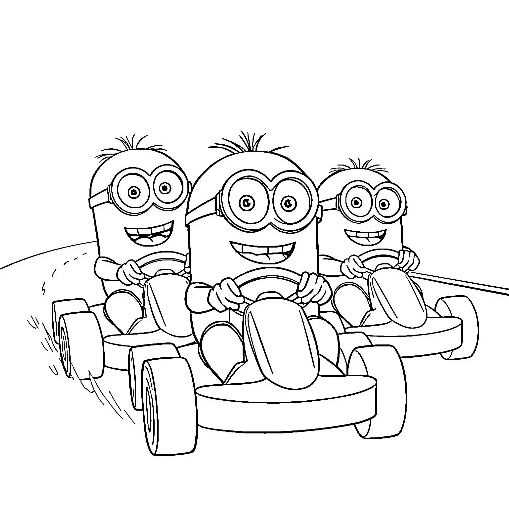 Minions enjoying a ride in their cart Coloring Page (free black-and-white line drawing printable PDF for all, from beginners to advanced learners, including children, teens, adults, and seniors)