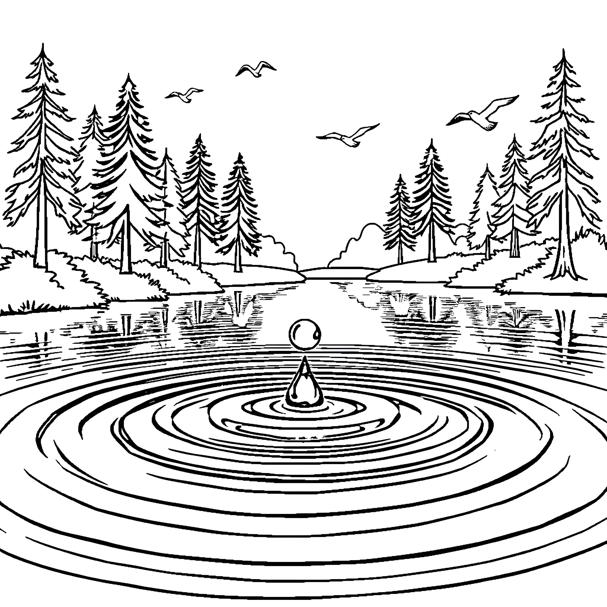 Water Droplet creating ripples in a tranquil forest lake Coloring Page (free black-and-white line drawing printable PDF for all, from beginners to advanced learners, including children, teens, adults, and seniors)