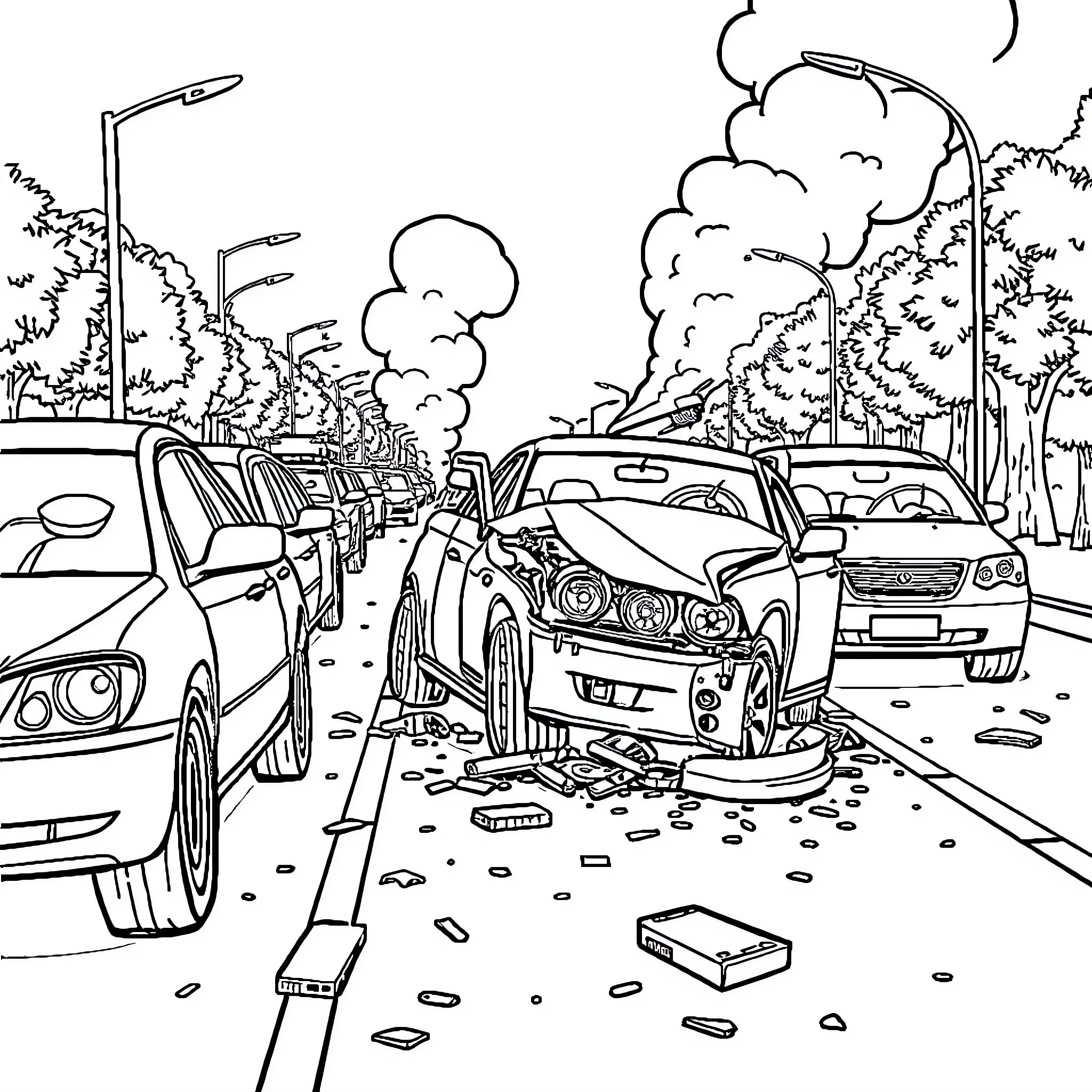 Car Accident on Damaged Road in City Scenery Coloring Page (free black-and-white line drawing printable PDF for all, from beginners to advanced learners, including children, teens, adults, and seniors)