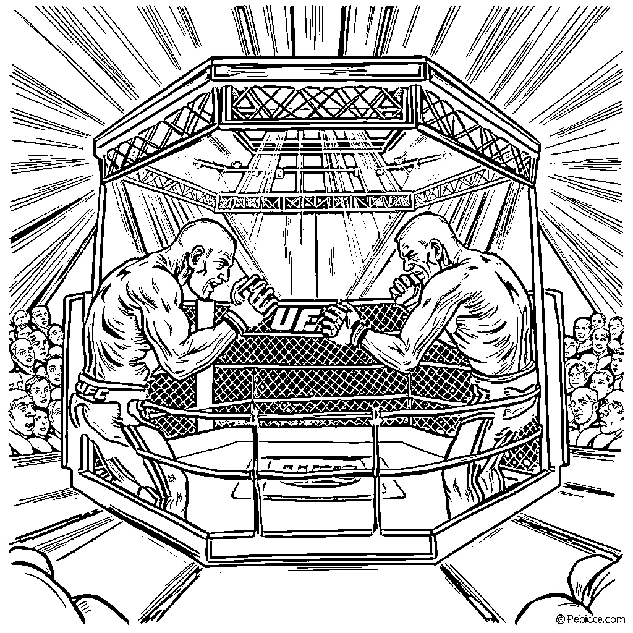 UFC Fighters Engage in Intense Battle in Octagon Coloring Page (free black-and-white line drawing printable PDF for all, from beginners to advanced learners, including children, teens, adults, and seniors)
