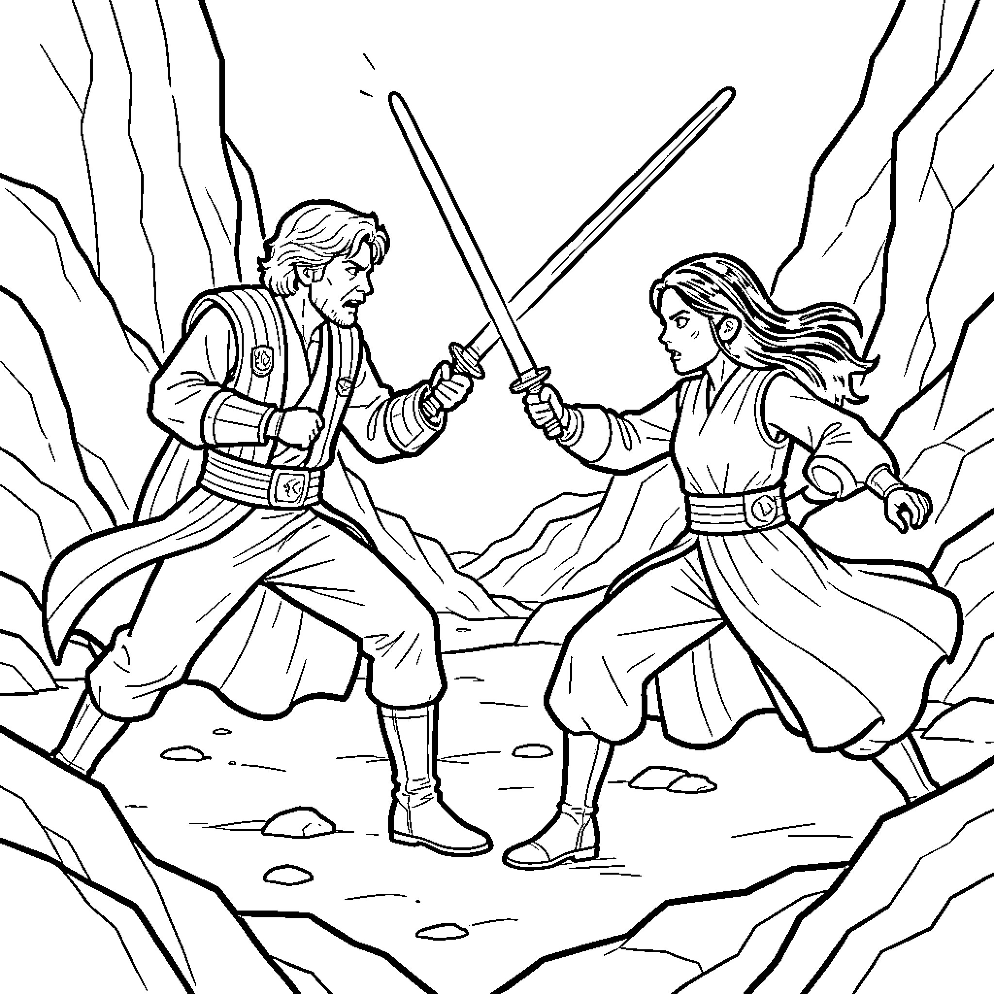 Luke Skywalker engaging in a lightsaber duel with a Jedi Coloring Page (free black-and-white line drawing printable PDF for all, from beginners to advanced learners, including children, teens, adults, and seniors)