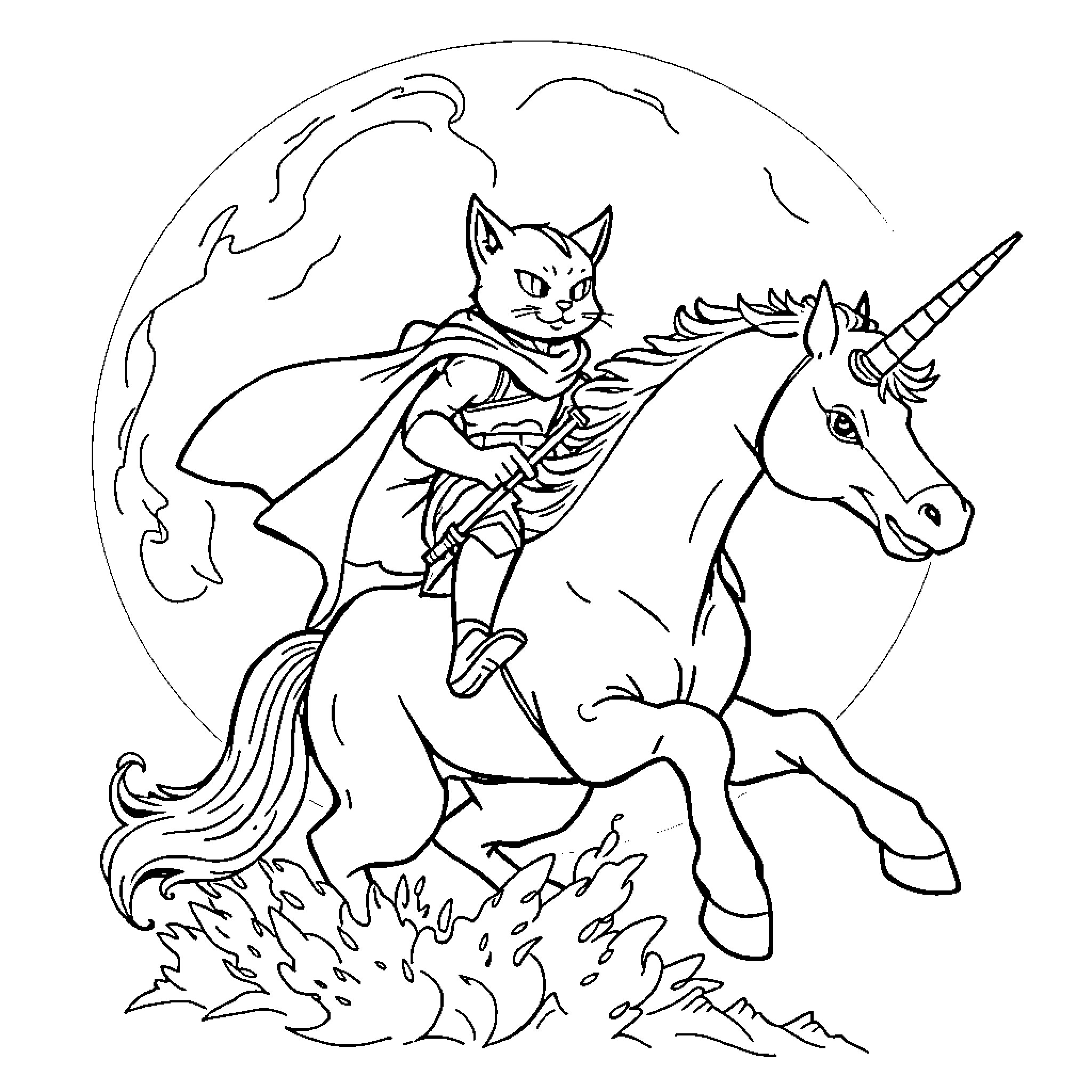 Cat Knight Riding Unicorn Coloring Page (free black-and-white line drawing printable PDF for all, from beginners to advanced learners, including children, teens, adults, and seniors)