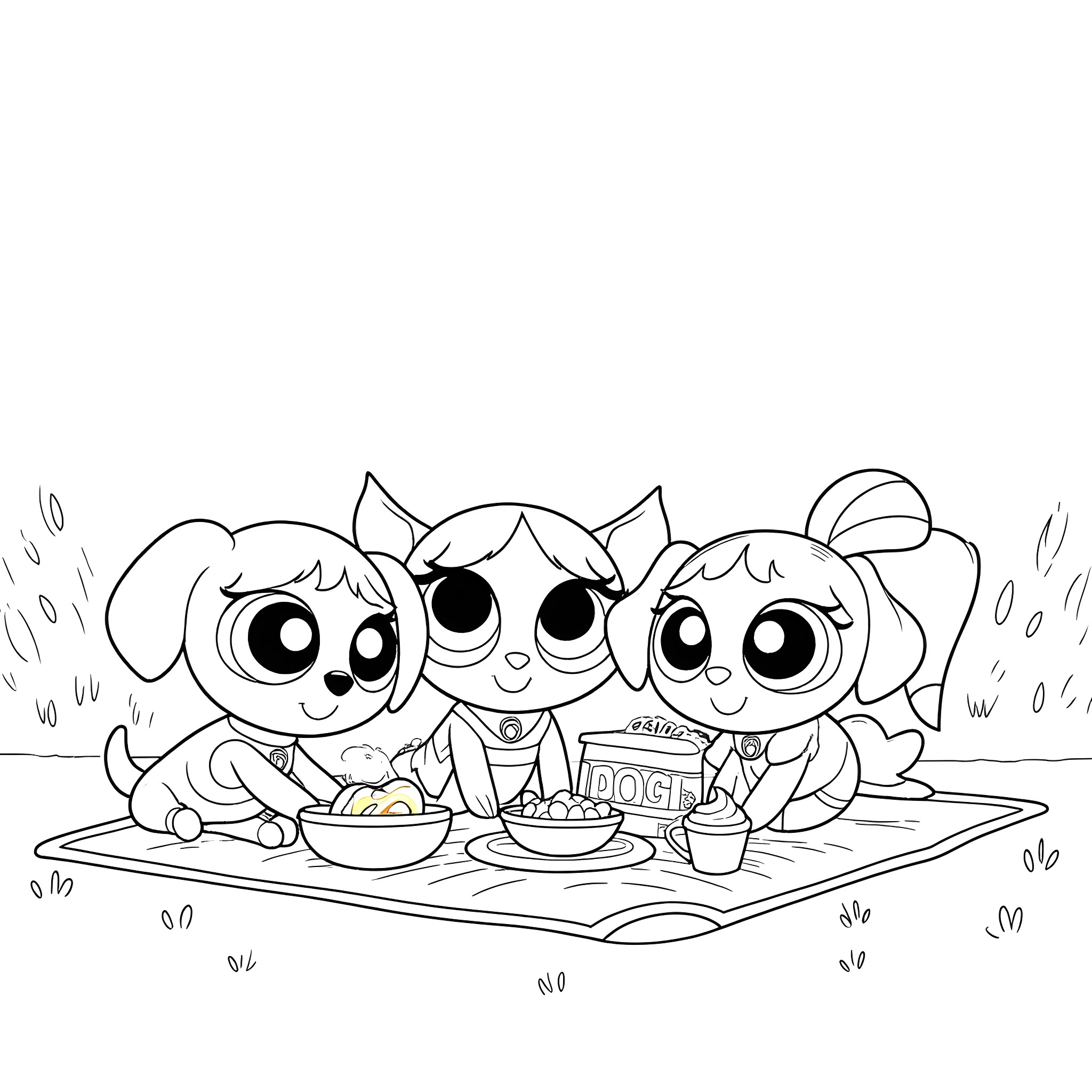 Powerpuff Girls having a picnic together Coloring Page (free black-and-white line drawing printable PDF for all, from beginners to advanced learners, including children, teens, adults, and seniors)