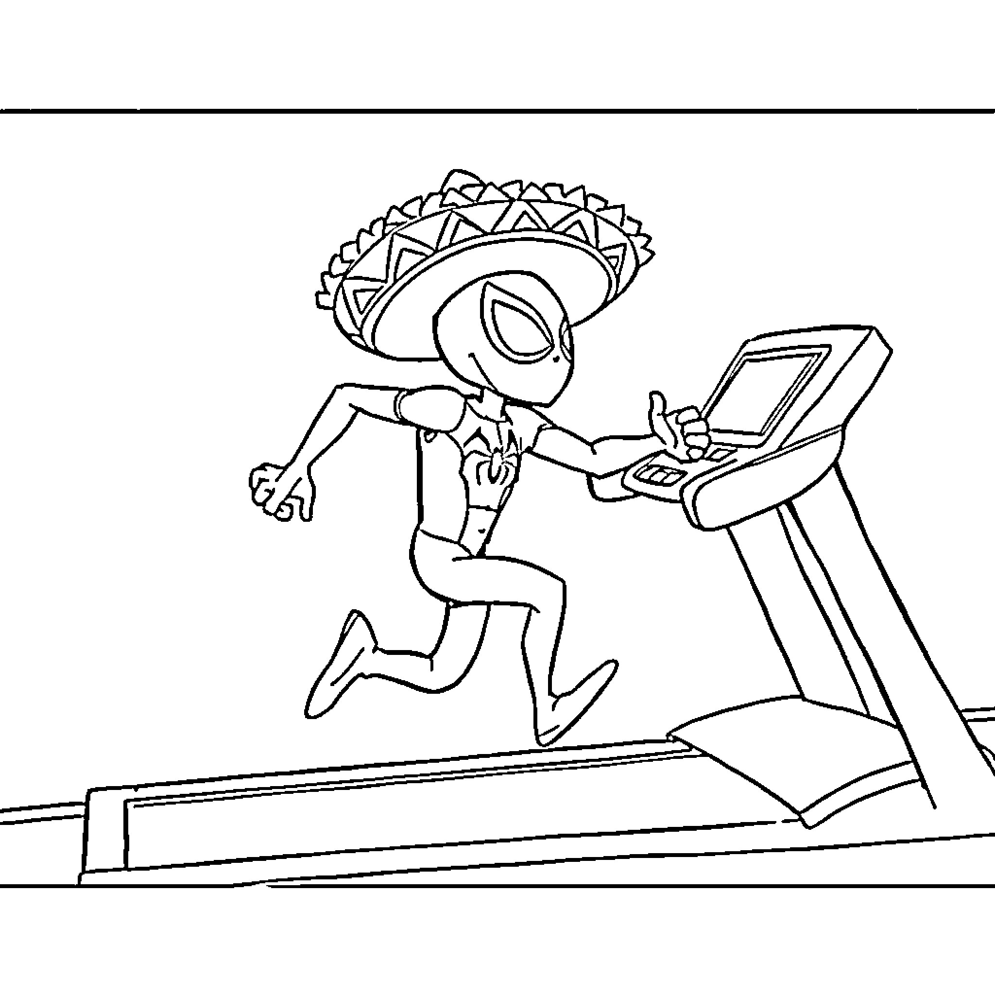 Spidey exercising on a treadmill Coloring Page (free black-and-white line drawing printable PDF for all, from beginners to advanced learners, including children, teens, adults, and seniors)