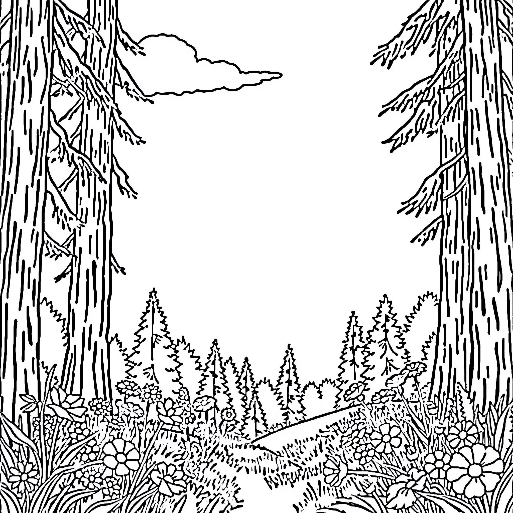 Nature's Enchanting Forest Landscape Coloring Page (free black-and-white line drawing printable PDF for all, from beginners to advanced learners, including children, teens, adults, and seniors)