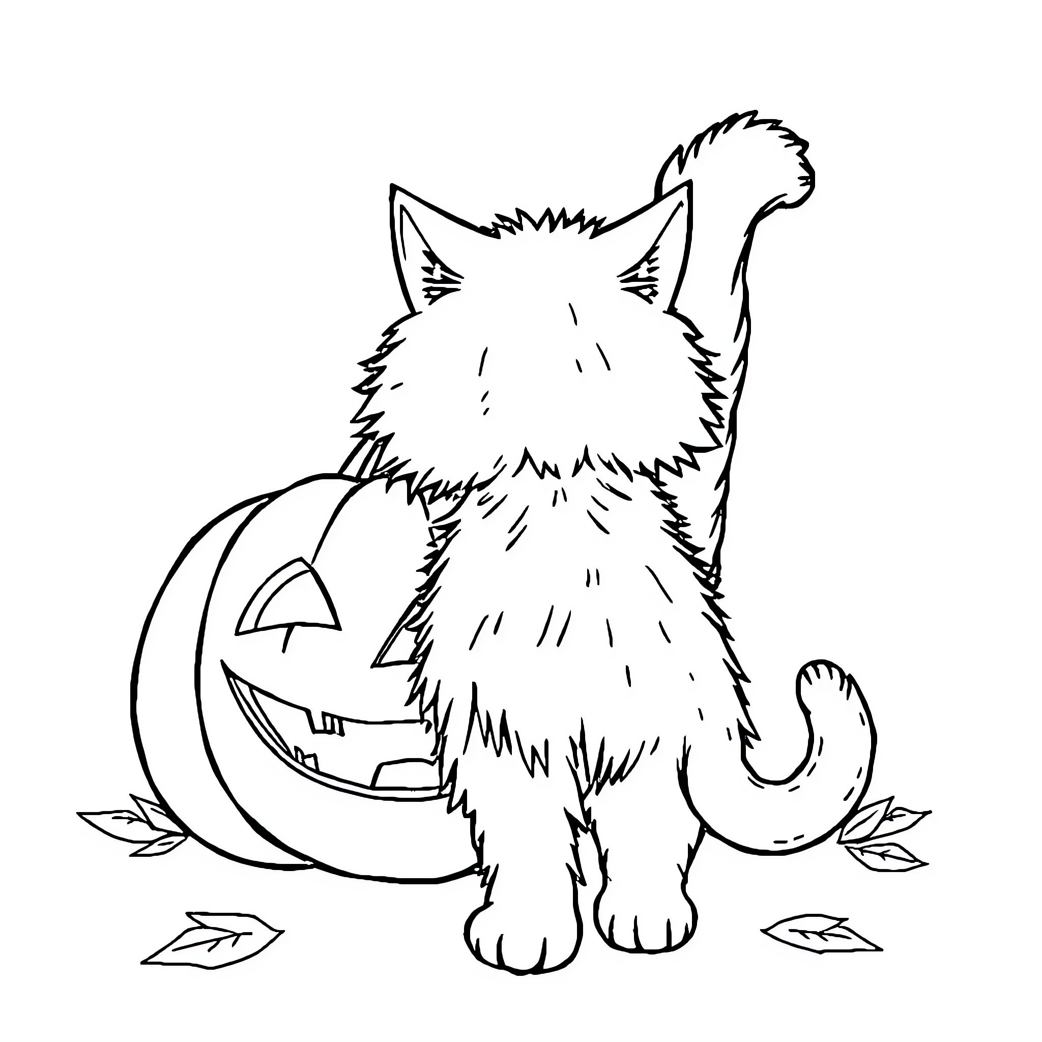 Cat in Halloween costume by pumpkin Coloring Page (free black-and-white line drawing printable PDF for all, from beginners to advanced learners, including children, teens, adults, and seniors)