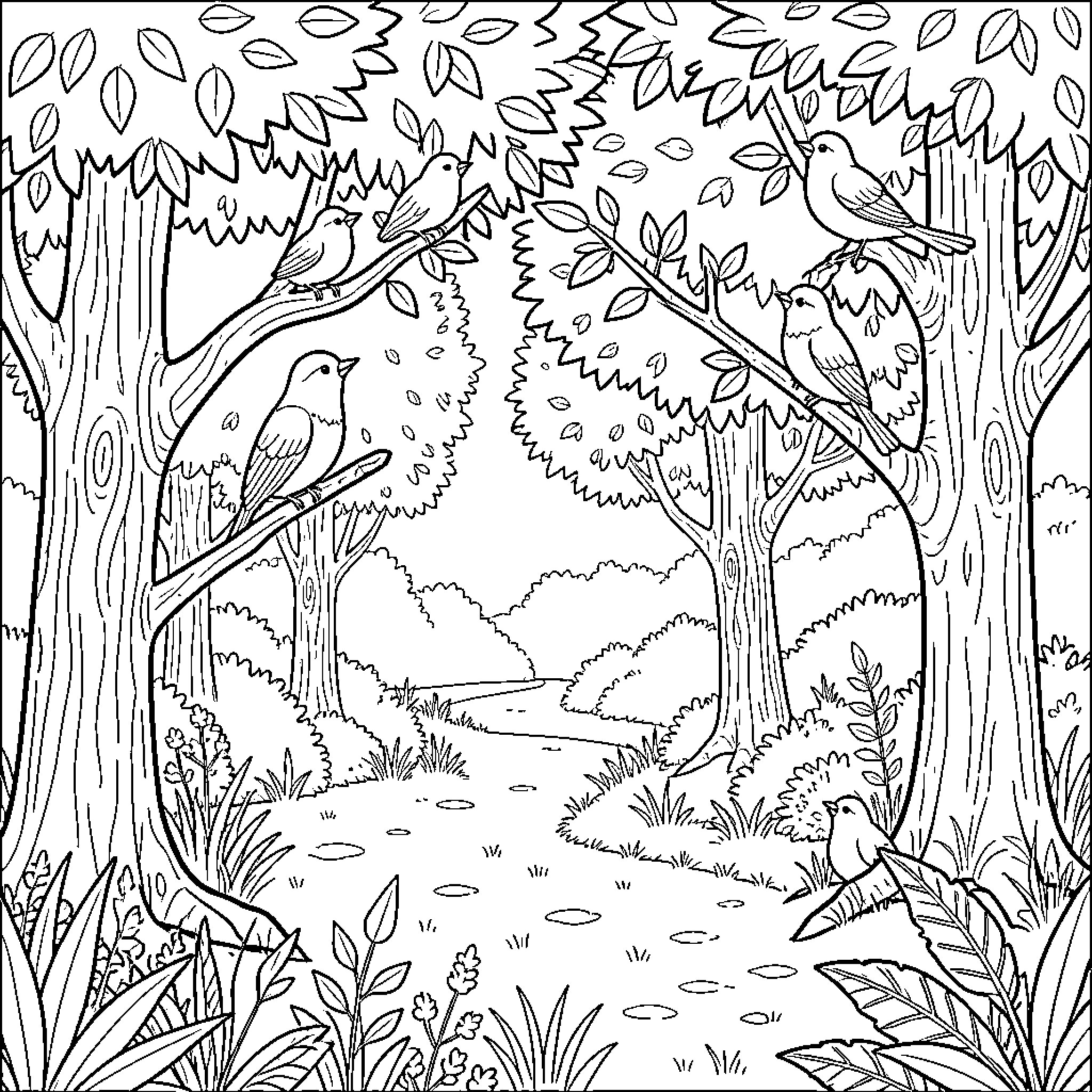 Bird perched on branches amidst a lush forest Coloring Page (free black-and-white line drawing printable PDF for all, from beginners to advanced learners, including children, teens, adults, and seniors)