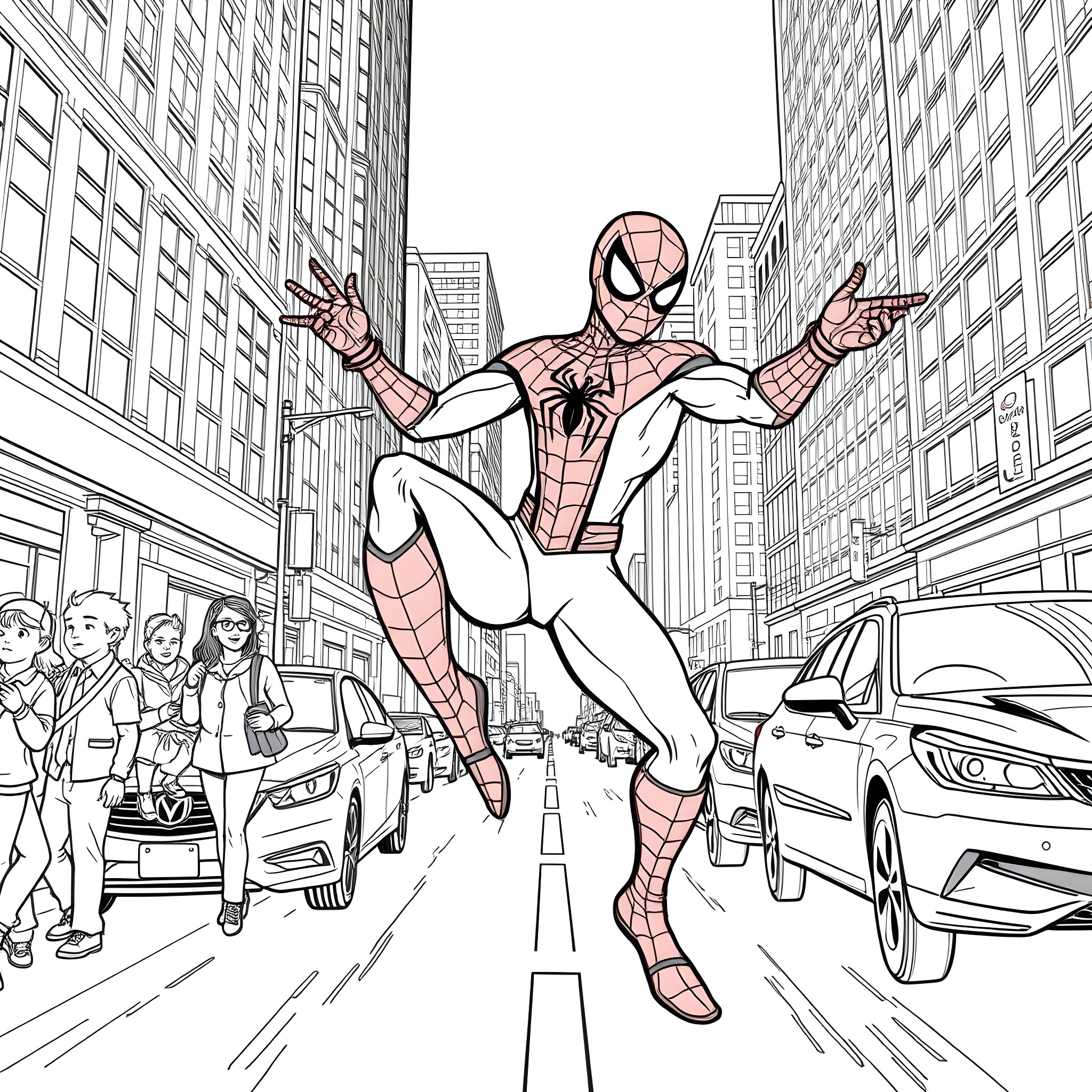 Spiderman swinging through the city streets Coloring Page (free black-and-white line drawing printable PDF for all, from beginners to advanced learners, including children, teens, adults, and seniors)