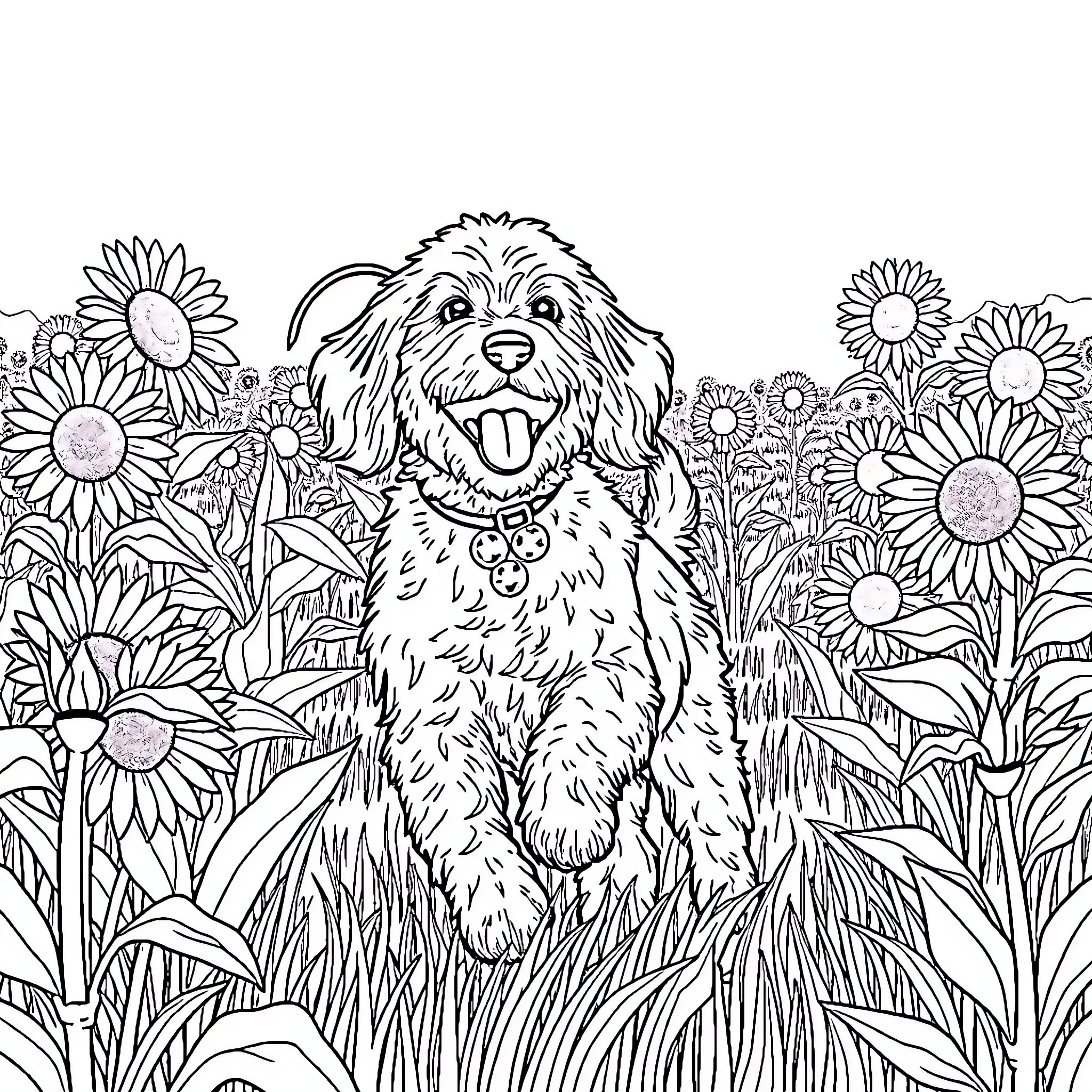 Doodle of a happy dog in a floral field Coloring Page (free black-and-white line drawing printable PDF for all, from beginners to advanced learners, including children, teens, adults, and seniors)