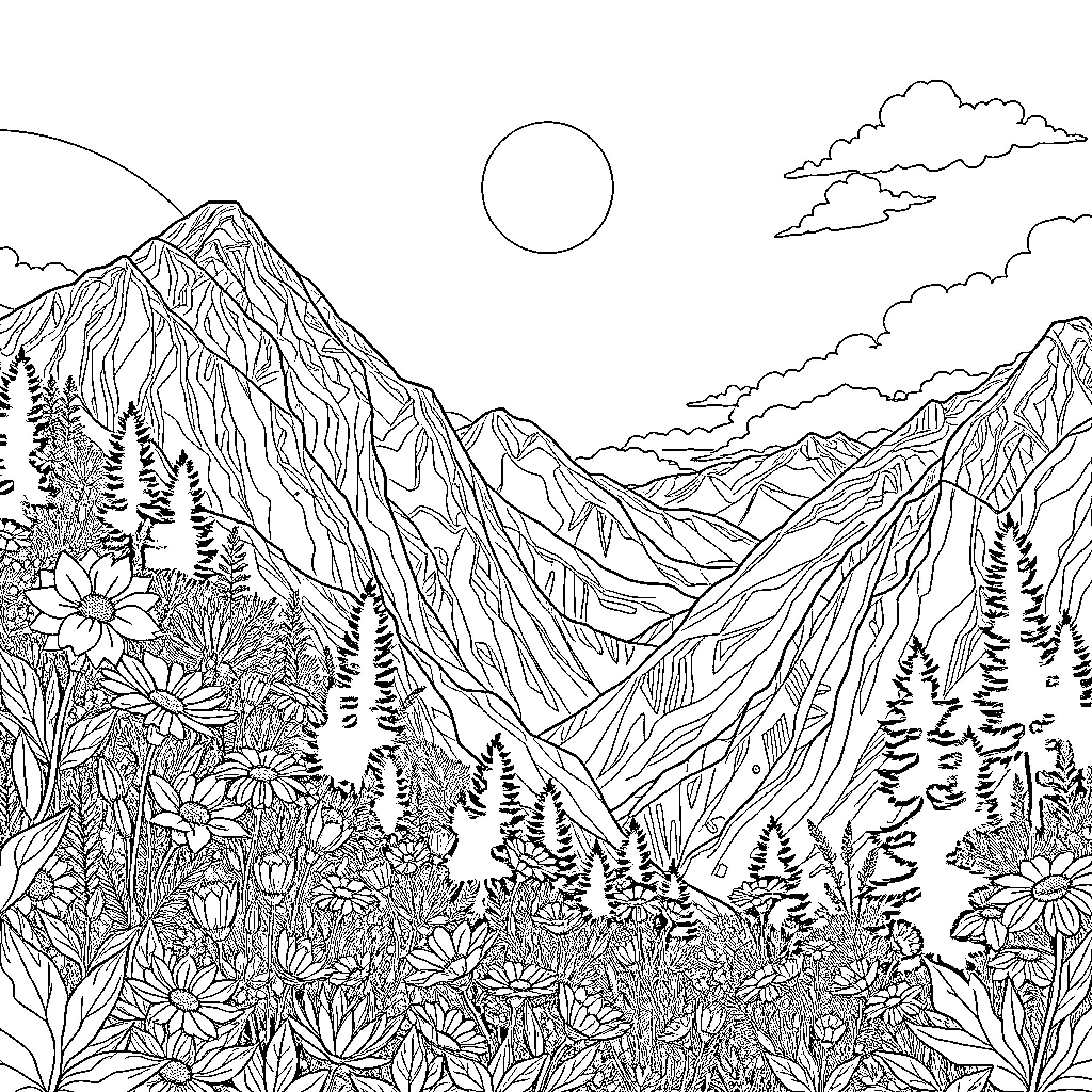 Mountain landscape with scenic nature scene Coloring Page (free black-and-white line drawing printable PDF for all, from beginners to advanced learners, including children, teens, adults, and seniors)