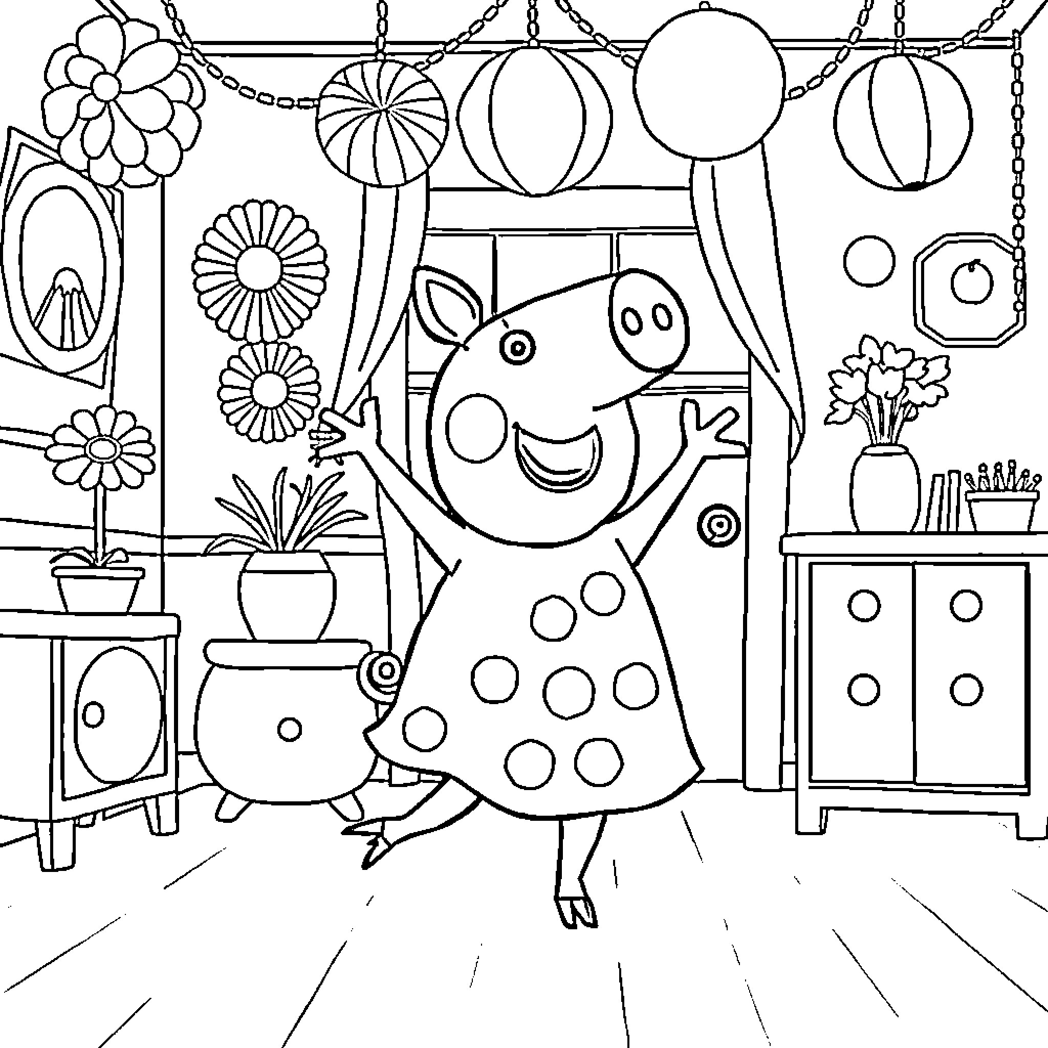 Olivia Explores a Whimsical Room Coloring Page (free black-and-white line drawing printable PDF for all, from beginners to advanced learners, including children, teens, adults, and seniors)