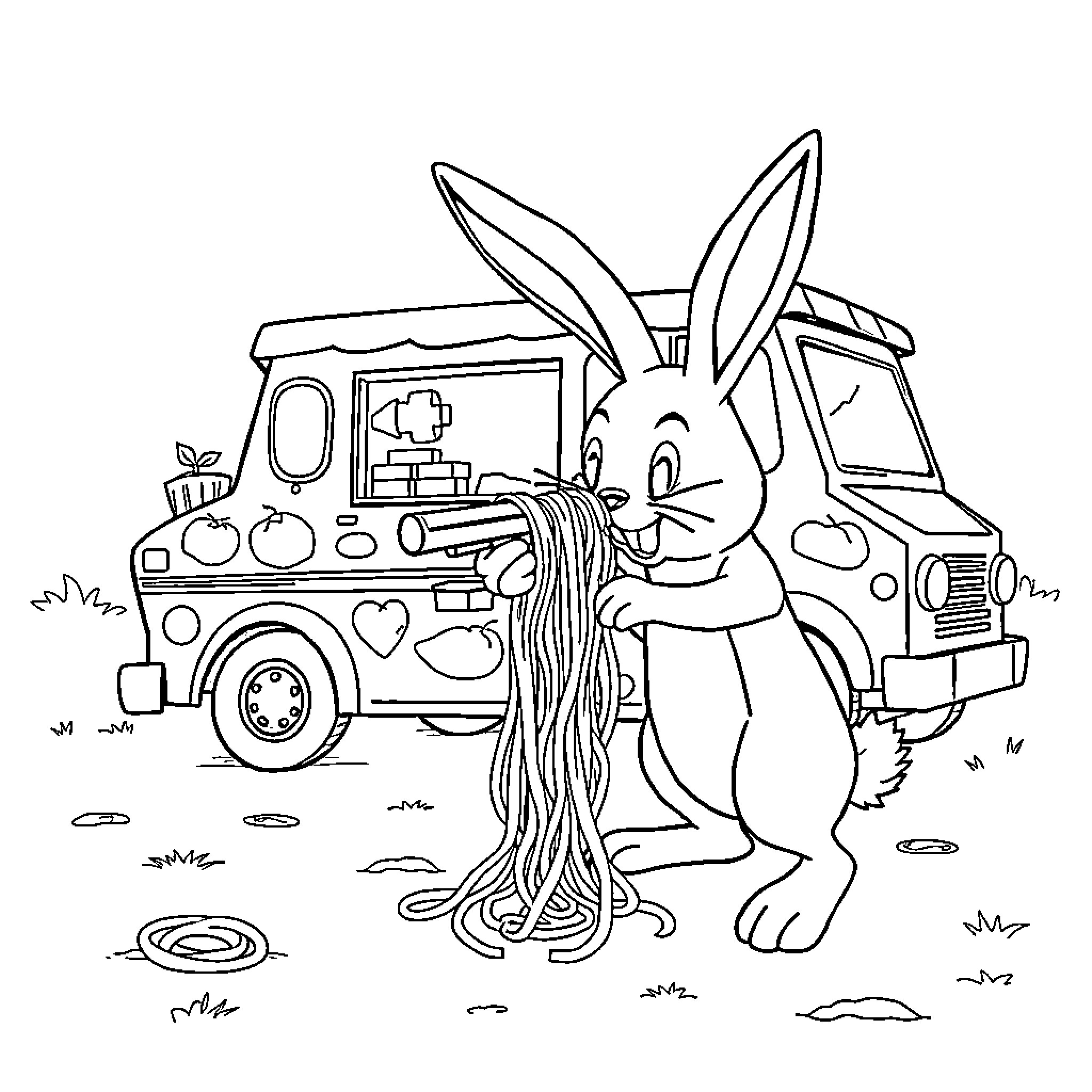 Bunny selling vegetables from food truck Coloring Page (free black-and-white line drawing printable PDF for all, from beginners to advanced learners, including children, teens, adults, and seniors)