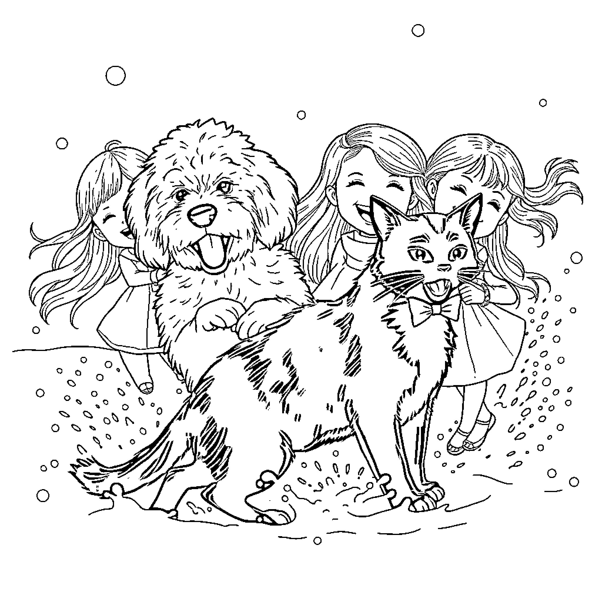 Labradoodle playing with young girls in the snow Coloring Page (free black-and-white line drawing printable PDF for all, from beginners to advanced learners, including children, teens, adults, and seniors)