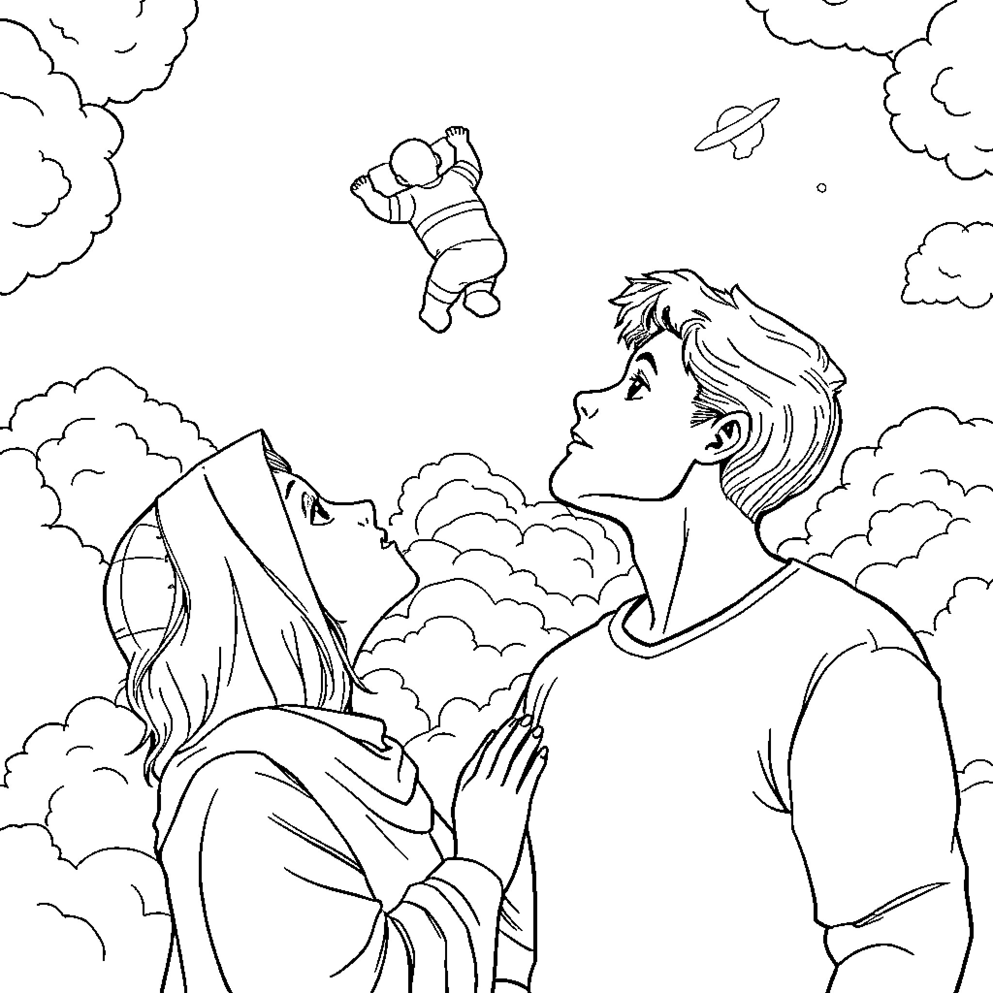 Baby looking up at the sky with wonder Coloring Page (free black-and-white line drawing printable PDF for all, from beginners to advanced learners, including children, teens, adults, and seniors)