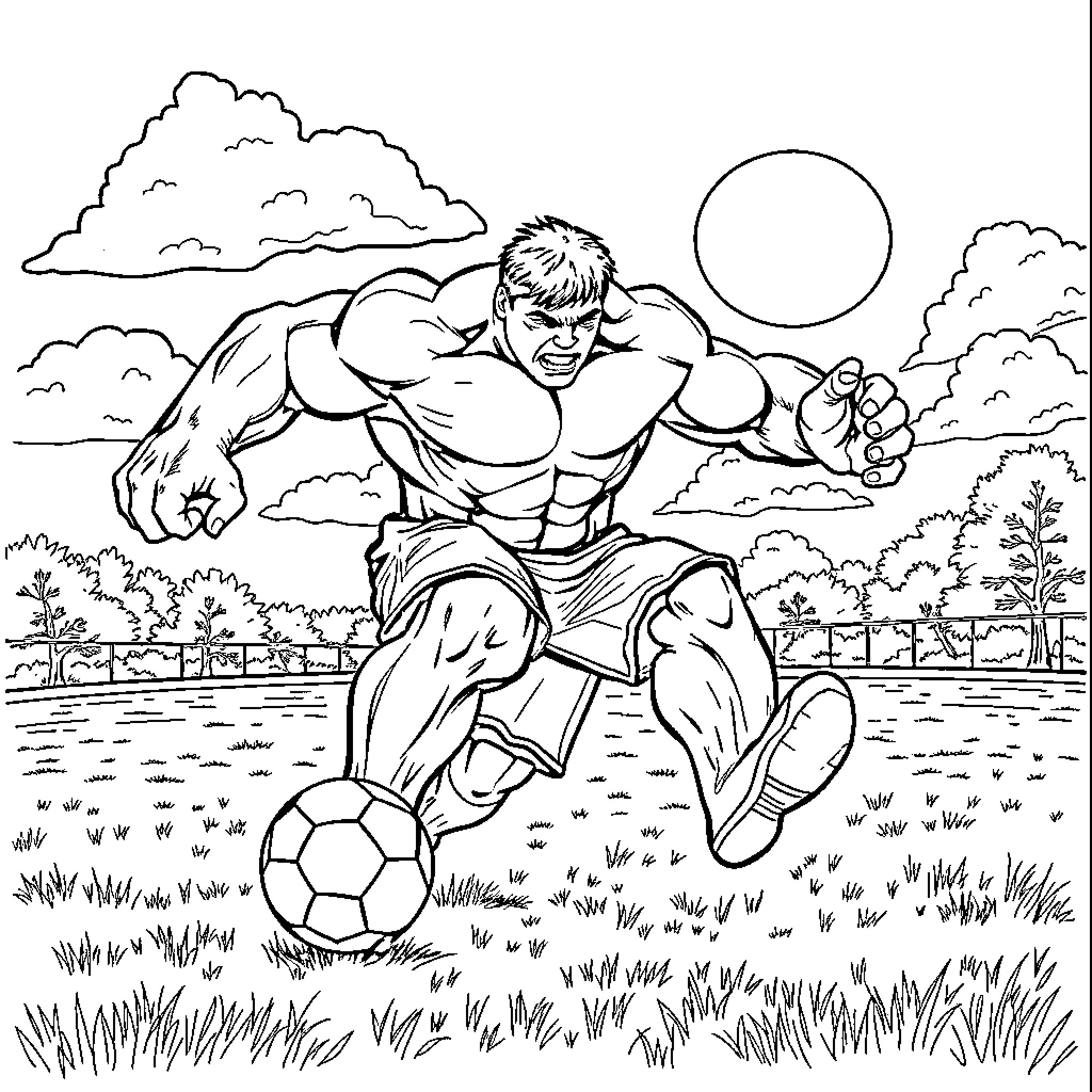 Hulk Playing Soccer in Nature's Embrace Coloring Page (free black-and-white line drawing printable PDF for all, from beginners to advanced learners, including children, teens, adults, and seniors)