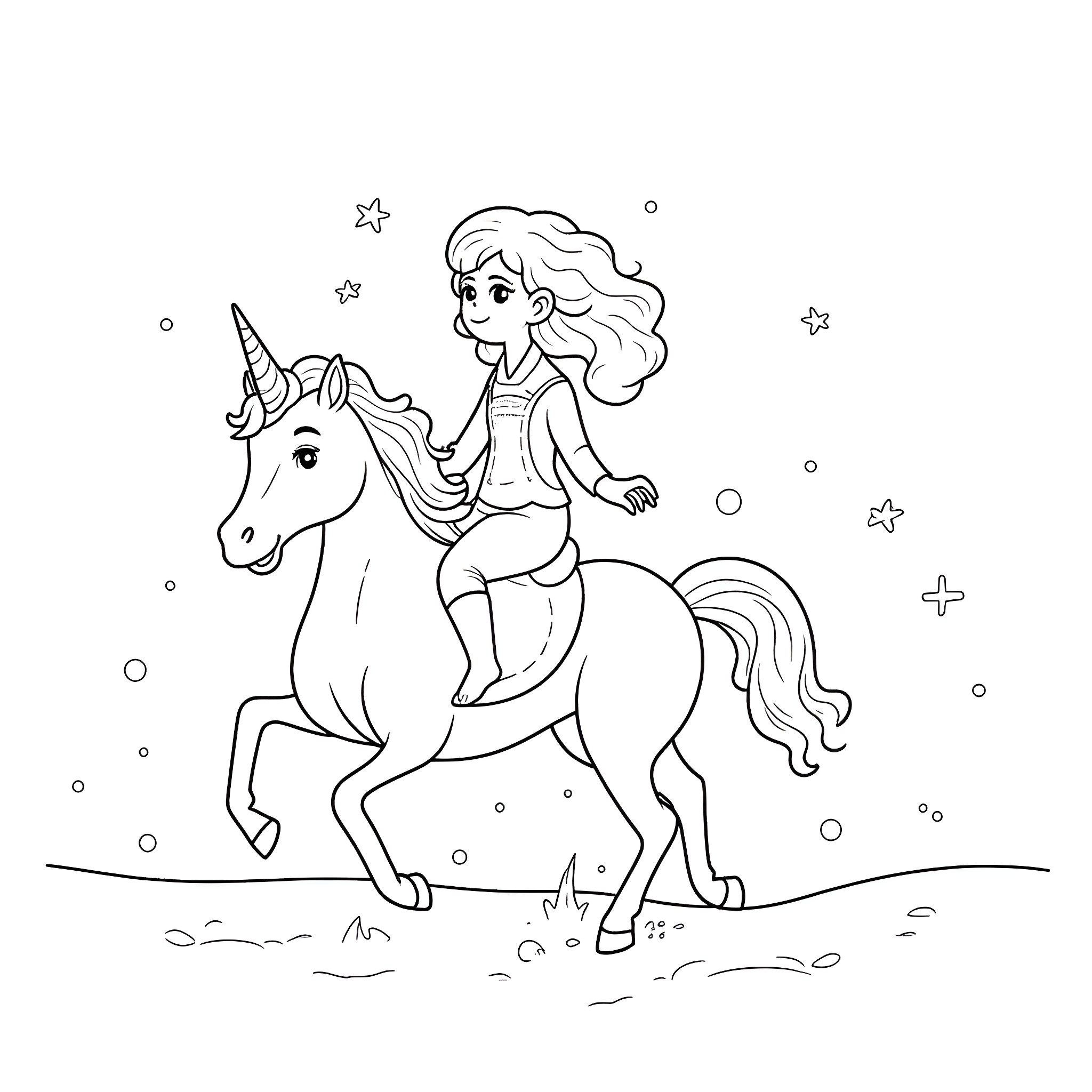Unicorn and girl on a magical journey Coloring Page (free black-and-white line drawing printable PDF for all, from beginners to advanced learners, including children, teens, adults, and seniors)