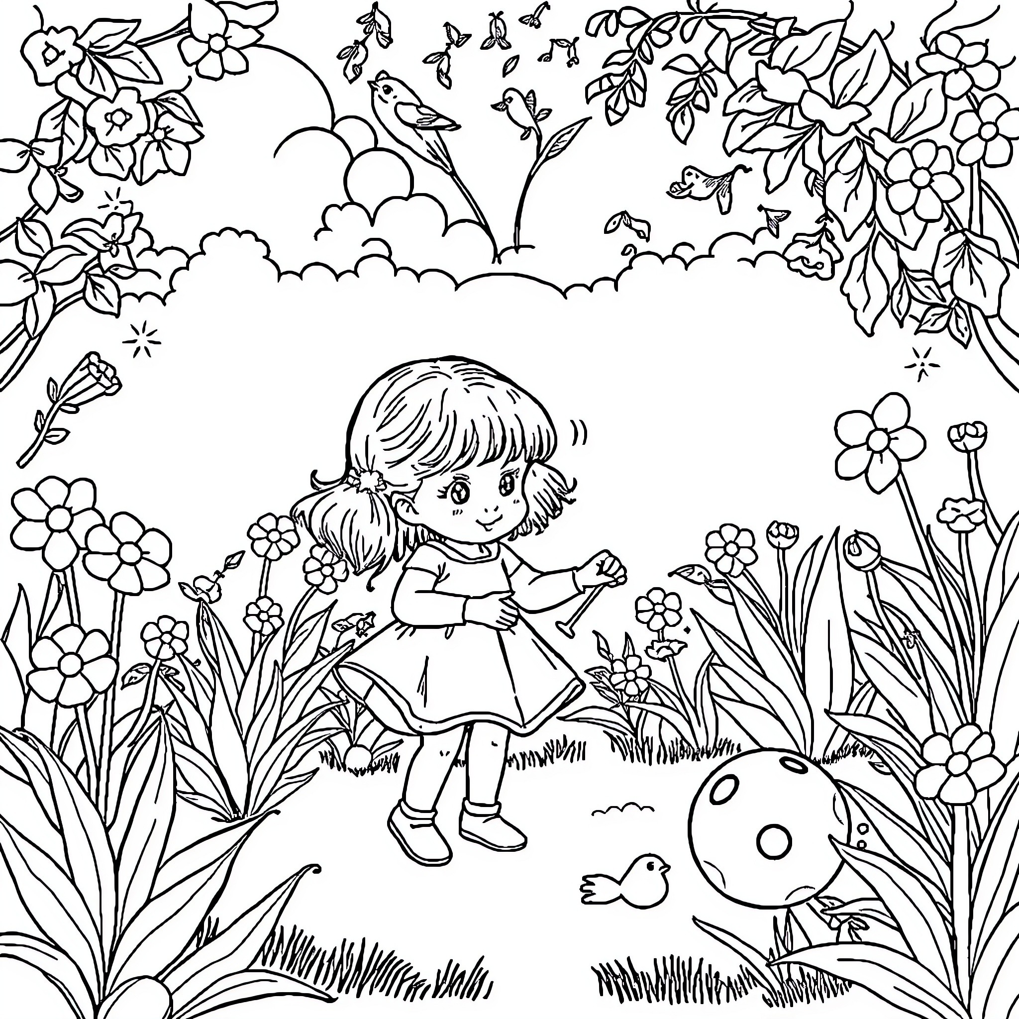 Girl in a Whimsical Floral Garden Coloring Page (free black-and-white line drawing printable PDF for all, from beginners to advanced learners, including children, teens, adults, and seniors)